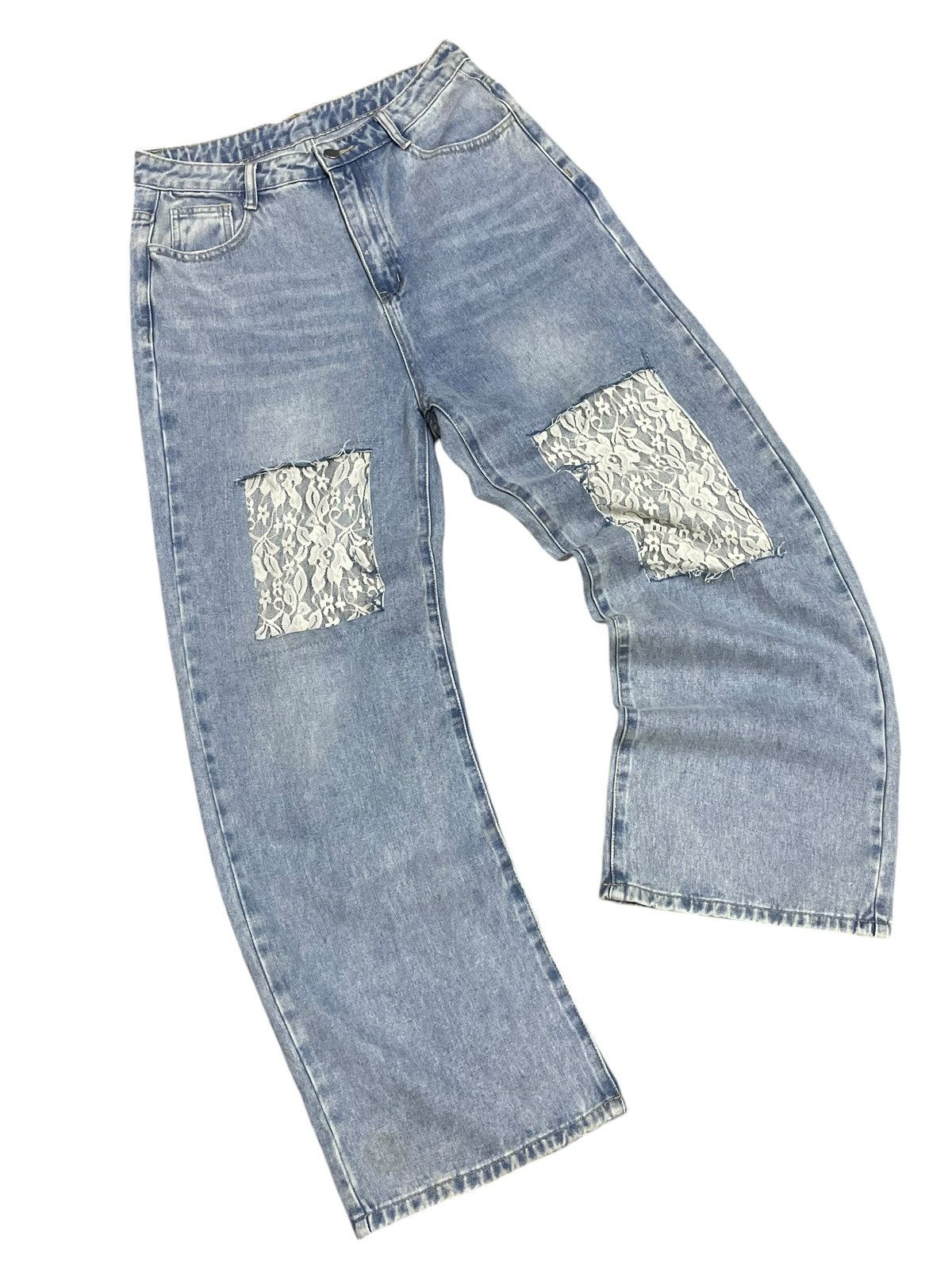 Japanese Brand Vintage Japanese Denim Lace Patchwork Baggy Wide Leg Jeans Size 31" - 6 Thumbnail