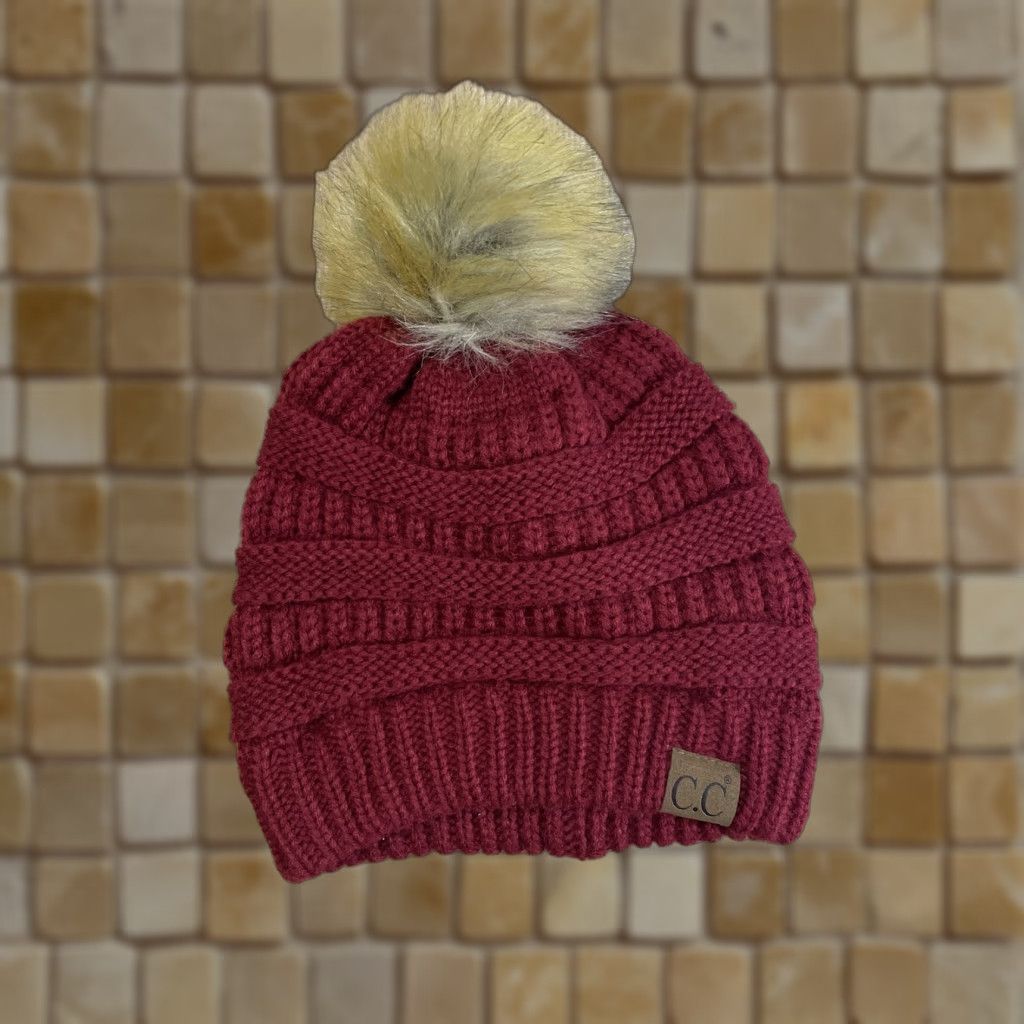 Vintage C.C. Solid Ribbed Beanie with Fur Pom Pom Women One Size Burgundy Red Size ONE SIZE - 1 Thumbnail