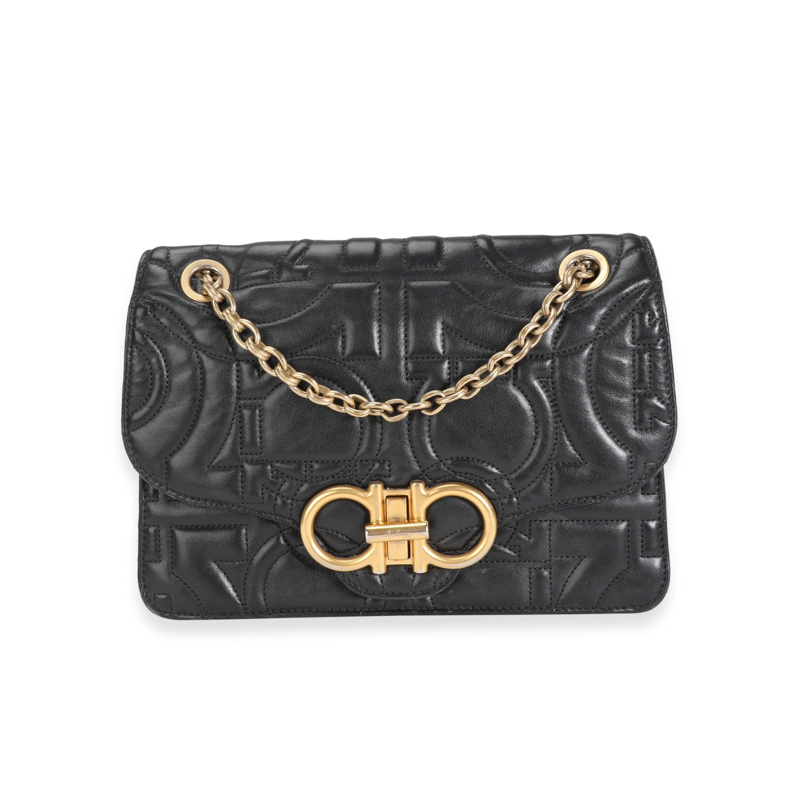 image of Salvatore Ferragamo Black Quilted Calfskin Large Gancini Flap Bag, Women's