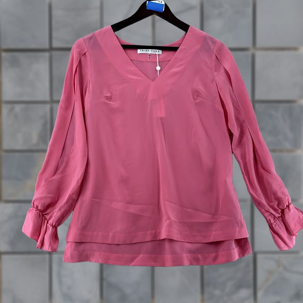Trina Turk Trina Turk Blouse Womens XS Pink Solid Silk Regular Fit Long Sleeve V Neck Top Size XS / US 0-2 / IT 36-38 - 1 Thumbnail