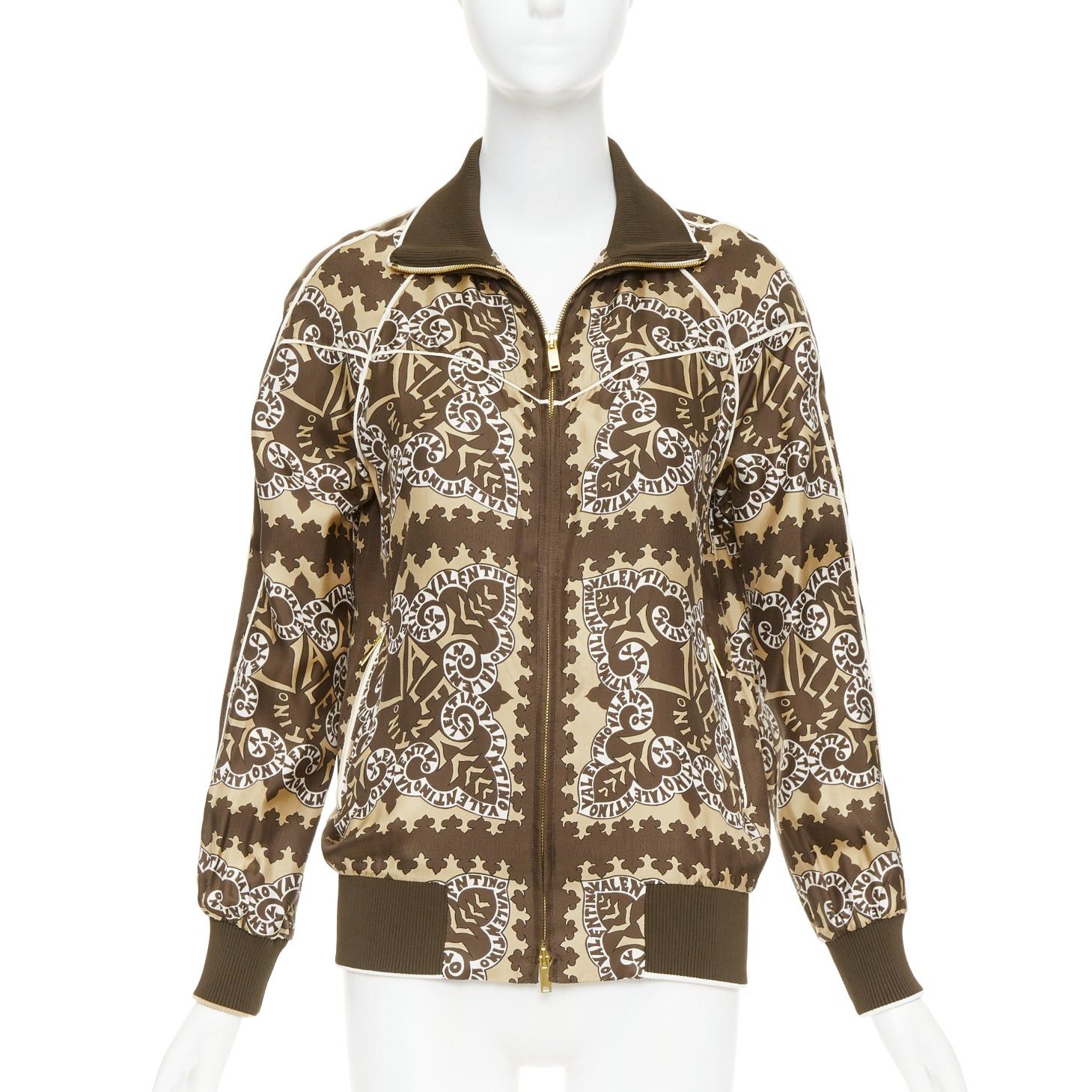 Valentino VALENTINO brown hue 100% silk logo scarf print collared track jacket IT38 XS Size XS / US 0-2 / IT 36-38 - 1 Thumbnail