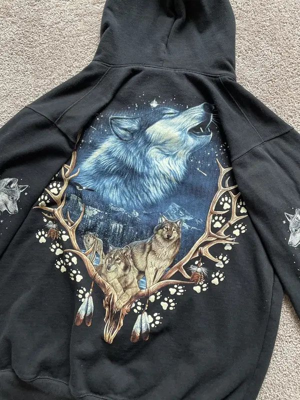 Japanese Brand × Vintage Vintage 90s All Over Wolf Graphic Zip-Up Hoodie Size US S / EU 44-46 / 1 - 4 Thumbnail