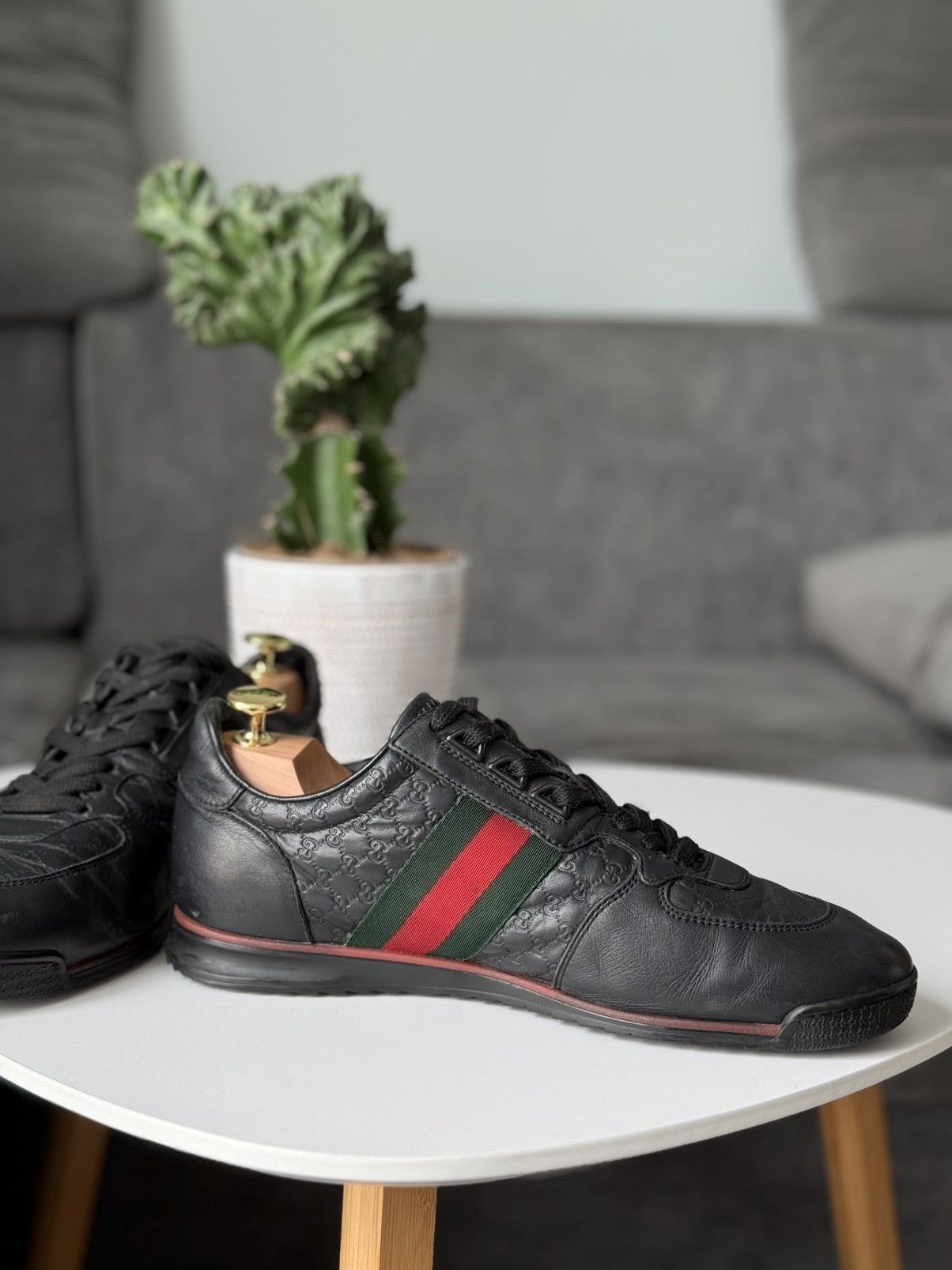 Gucci Gucci Black GG Guccissima Leather Sneakers Stripe Low Top Size US 10 / IT 40 - 10 Thumbnail