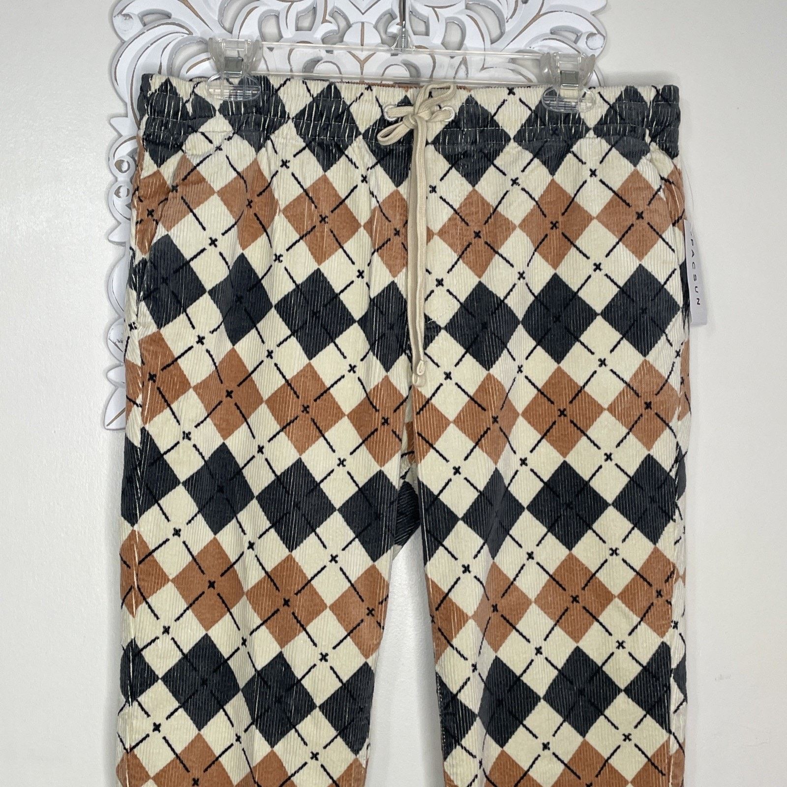 Pacsun PACSUN M Slim Argyle Corduroy PANTS Elastic Waist TAN GRAY Size 33" - 3 Thumbnail
