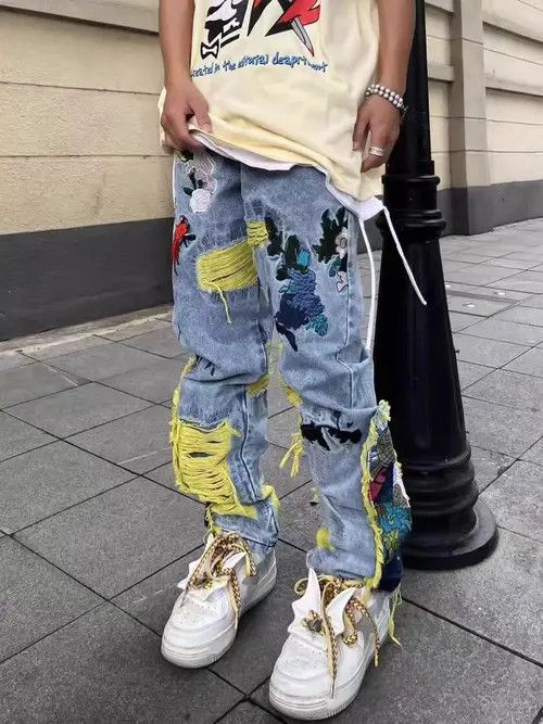 Japanese Brand × Jean Retro heavy embroidery ripped washed distressed jeans Size US 33 - 4 Thumbnail
