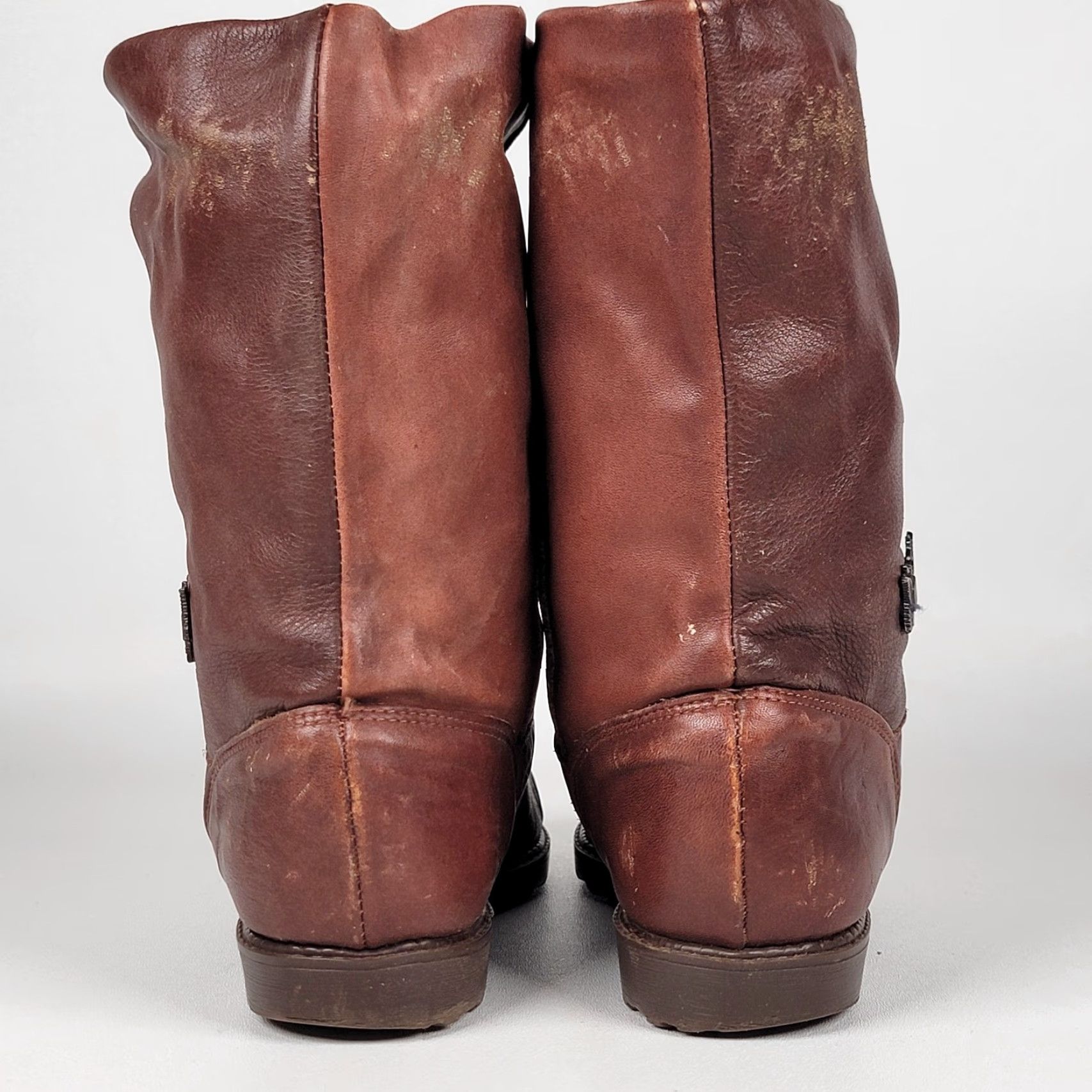 Vintage VINTAGE Women's Size 9 Brown Leather Sergio Boots Klondike Elastomere Check Riding Boot Almond Toe Pull On Block Heel B Wide Brown Canada Women Shoes Size US 9 / IT 39 - 7 Thumbnail