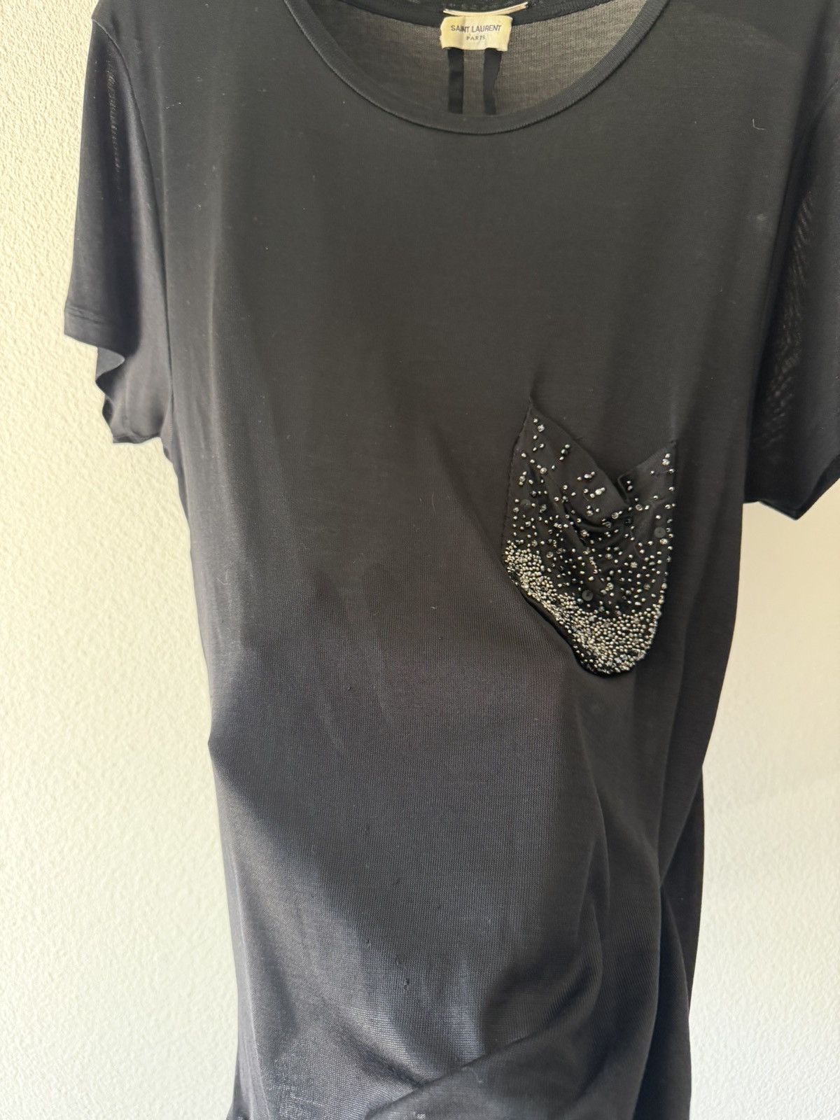 Saint Laurent Paris FW13 Crystal Embellished Silk Pocket Tee Size US XS / EU 42 / 0 - 5 Thumbnail