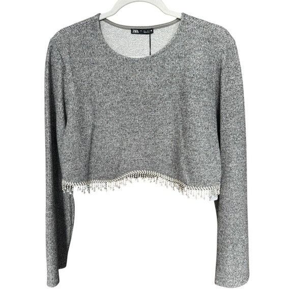 Zara Zara Heather Gray Embellished Rhinestones Crop Plush Top Sz Size L / US 10 / IT 46 - 1 Thumbnail