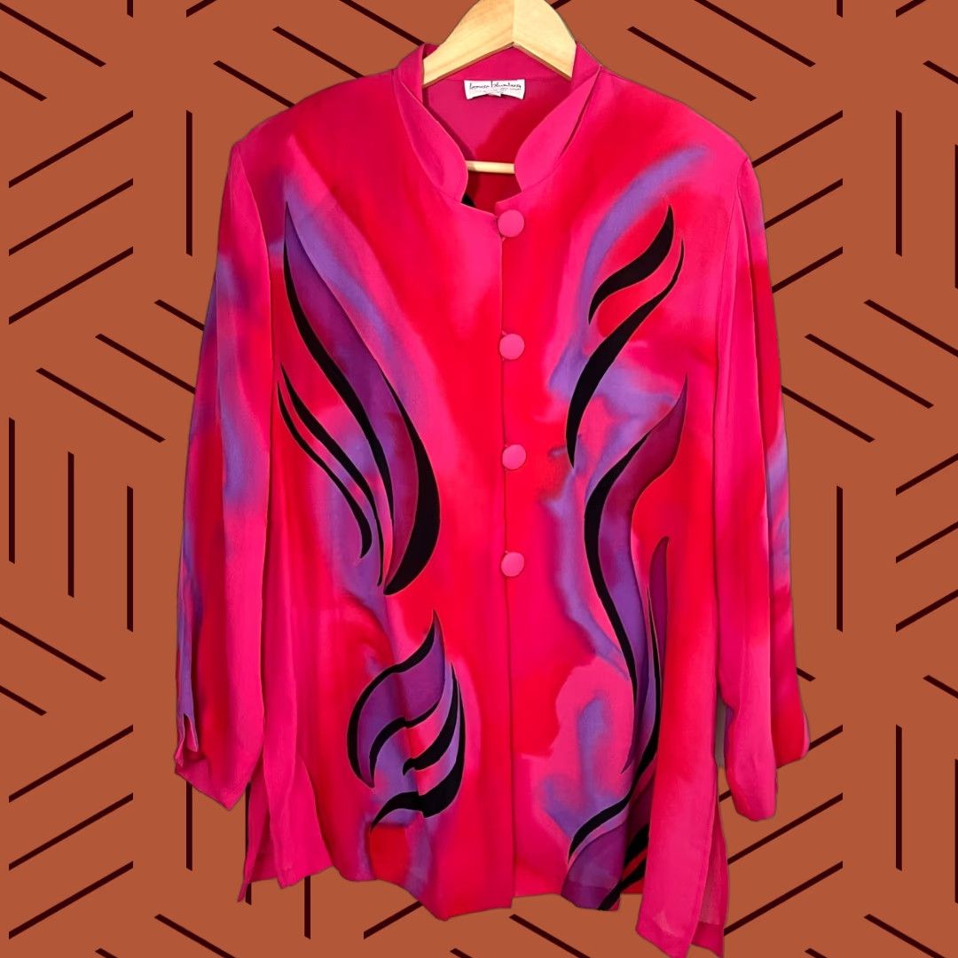 Pinko VINTAGE Louise Blumberg Santa Barbara Blouse Womens L Abstract Art Wear Silk Retro Pink Size L / US 10 / IT 46 - 1 Thumbnail
