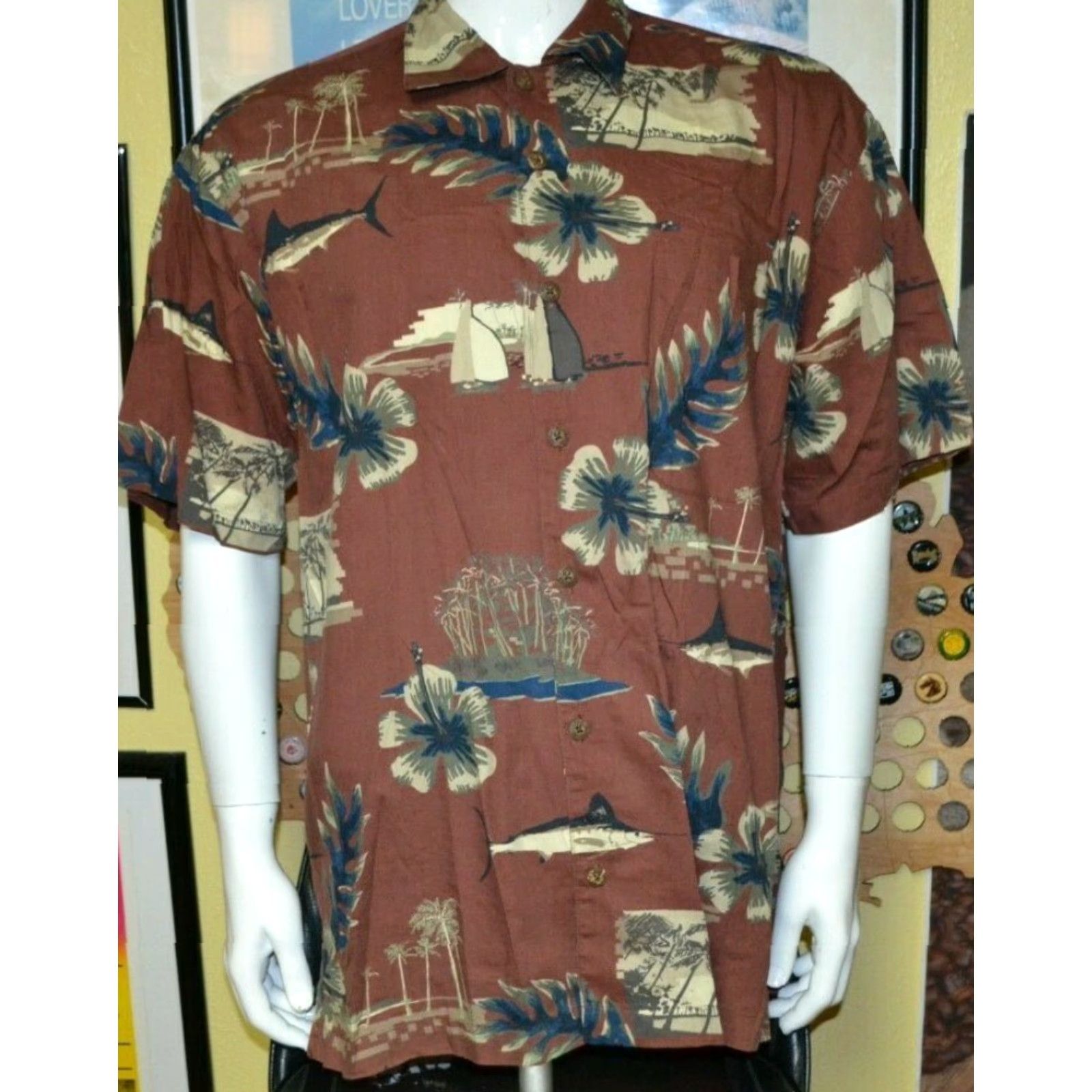 Vintage AFTCO Button-Up Shirt Mens XL Brown Island Hibiscus Fishing Aloha Hawaiian Beach Short Sleeve Cotton Blend Rayon Vintage: No Size US XL / EU 56 / 4 - 2 Thumbnail