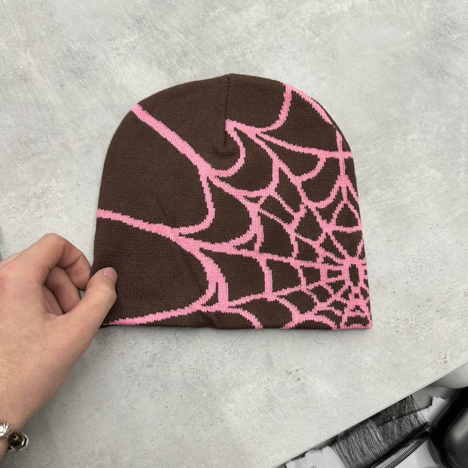 Other Vintage Style Brown and Pink Spider Web Beanie Hat Accessory Size ONE SIZE - 2 Thumbnail