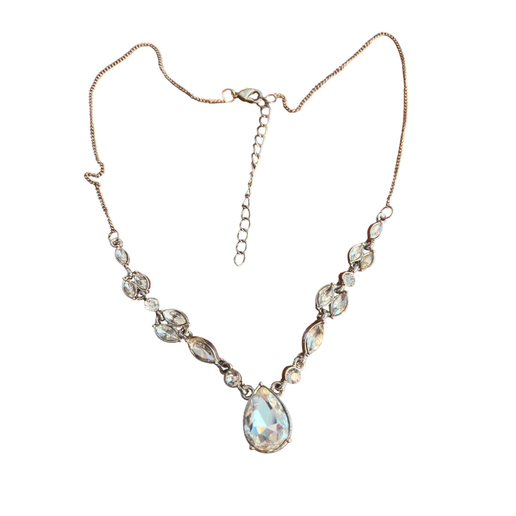 Other Vintage Silver Tone Necklace Clear Teardrop Rhinestones Wedd Size ONE SIZE - 1 Thumbnail