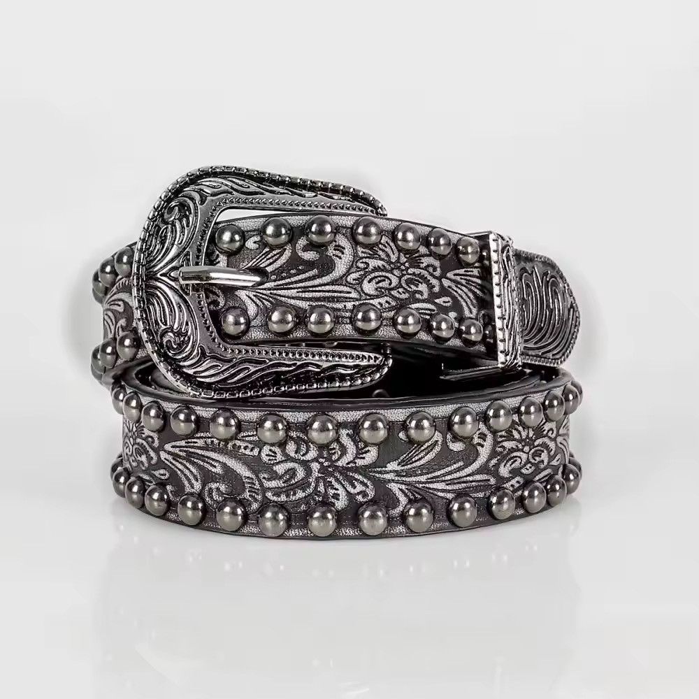 Japanese Brand 112 cm Engraved PU Leather Stud Belt | Vintage Western Style Size ONE SIZE - 6 Thumbnail