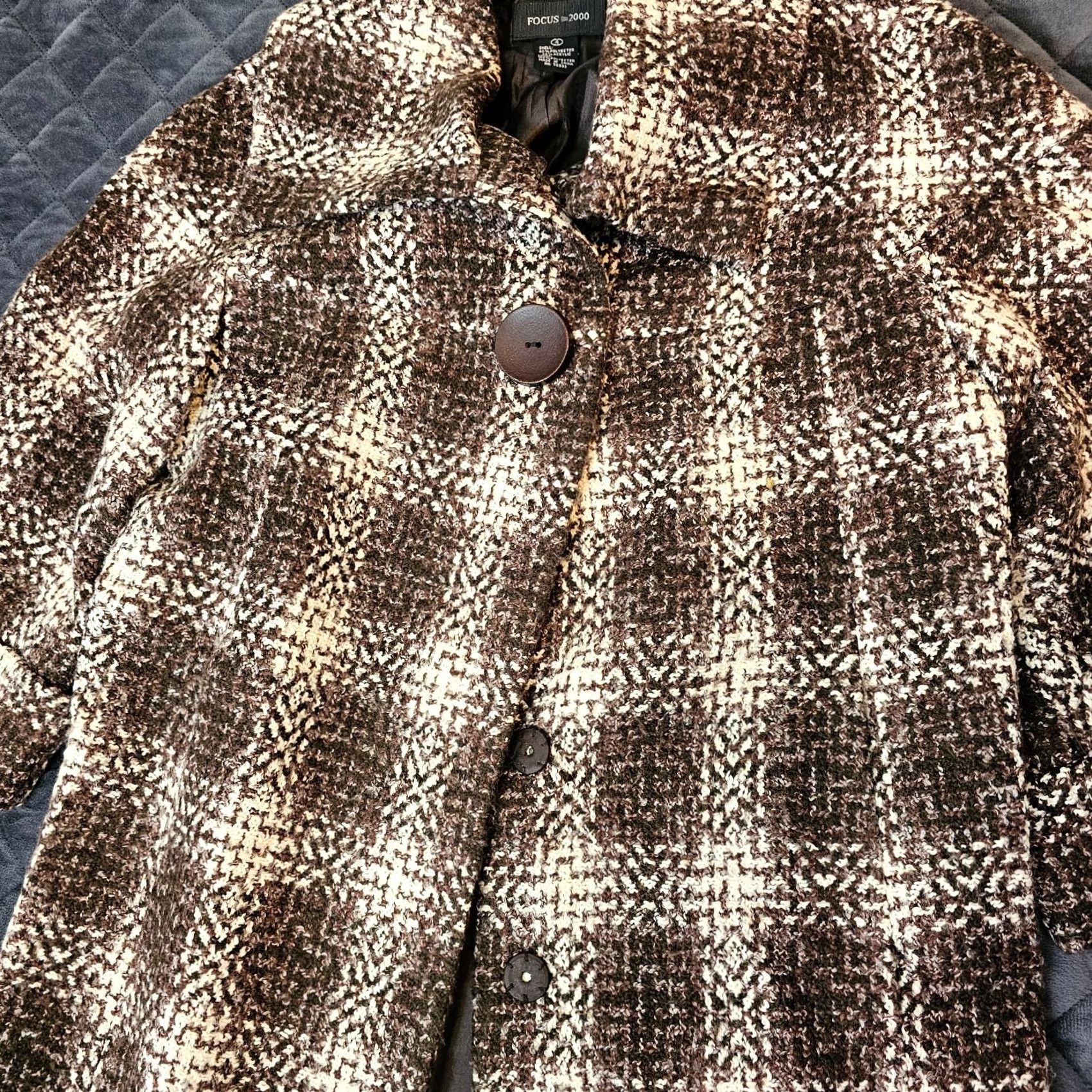 Vintage VINTAGE Focus 2000 Women's Jacket Plaid Brown Knit 3/4 Sleeve Open Collar Pockets Faux Leather Trim Mid-Length Size 4 Brown Womens Size S / US 4 / IT 40 - 3 Thumbnail