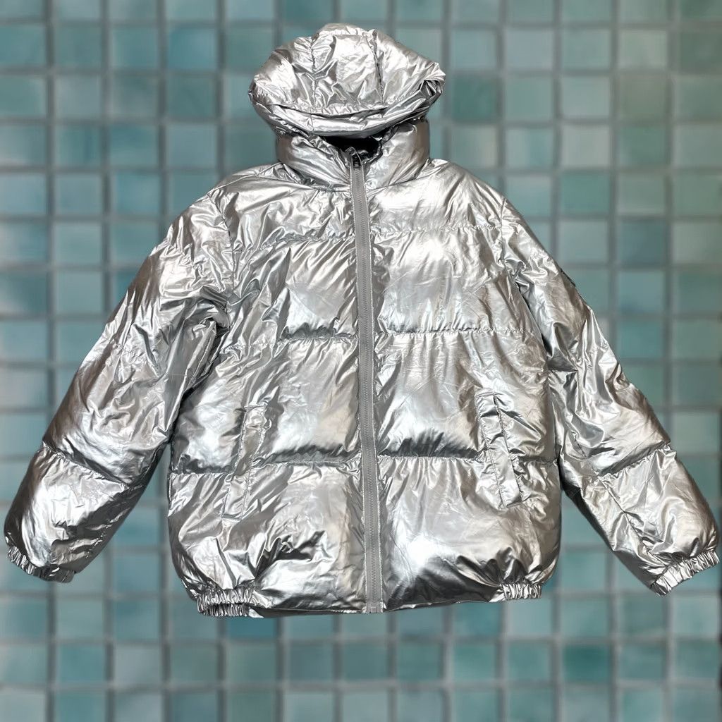 Vintage Allegra K Jacket Womens M Silver Puffer Coat Hooded Insulated Zip Short Coat Regular Size City Style Mens? Girls? Size M / US 6-8 / IT 42-44 - 1 Thumbnail