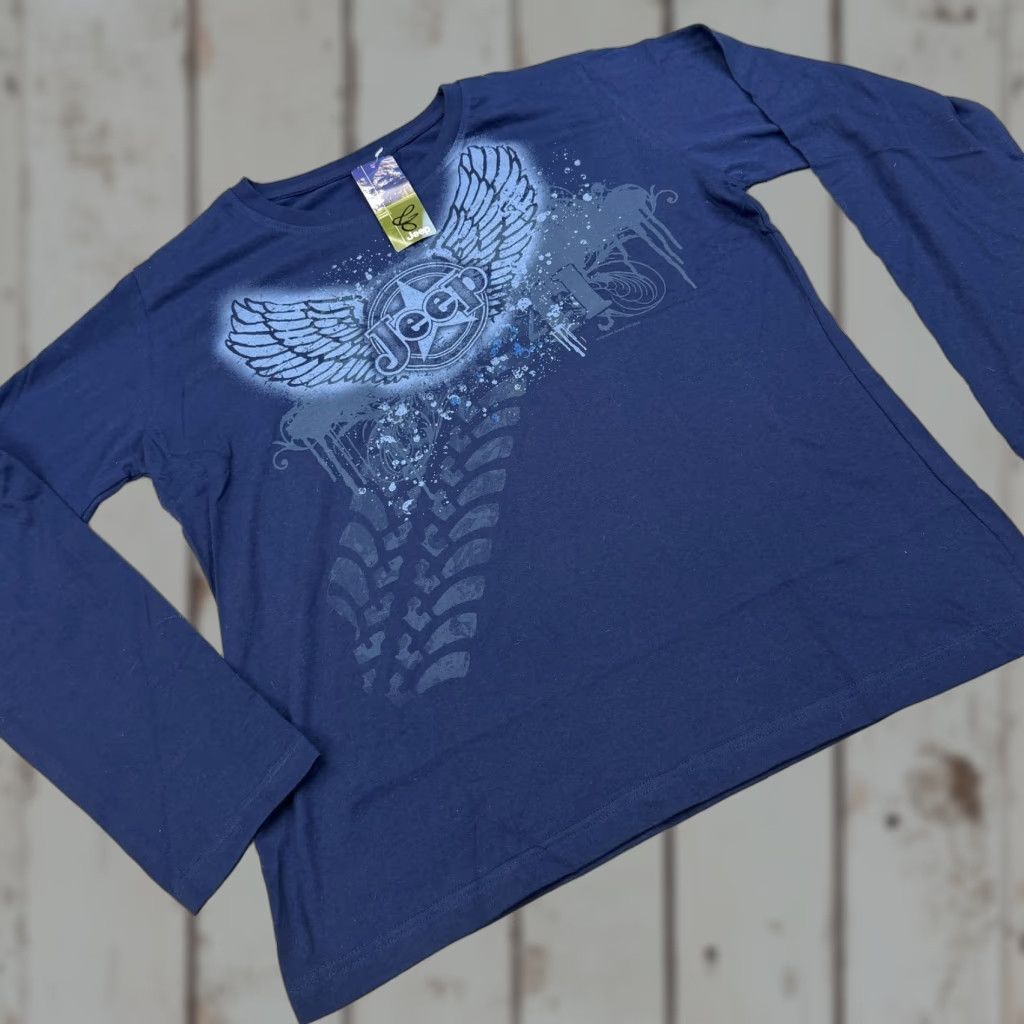 Jeep Jeep Shirt Womens Large Navy Long Sleeve Graphic Wings Tire Tread Logo Blue Cotton Crew Neck Old Style Basic T-Shirt Size L / US 10 / IT 46 - 1 Thumbnail