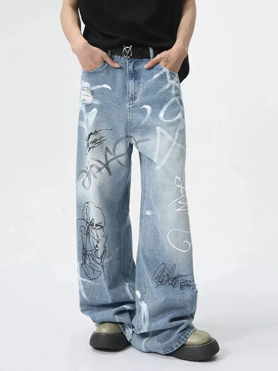 Retro high street graffiti straight leg jeans