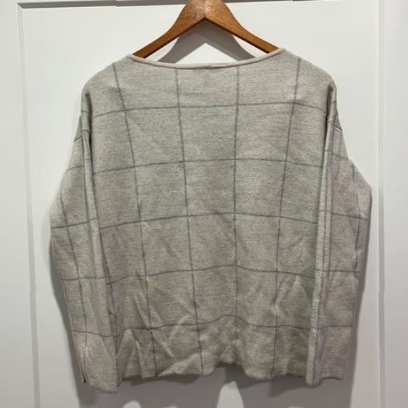 Eileen Fisher VINTAGE Eileen Fisher Sweater Shirt Womens S Merino Wool Plaid Knit Crew Neck Long Sleeve Oversized Light Gray Fall Winter Spring Casual Chic Size S / US 4 / IT 40 - 4 Thumbnail