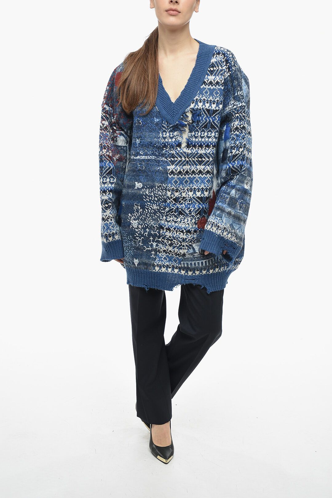 Maison Margiela og1mm0825 V-neck Wool Blend Pullover in Blue Size S / US 4 / IT 40 - 4 Thumbnail