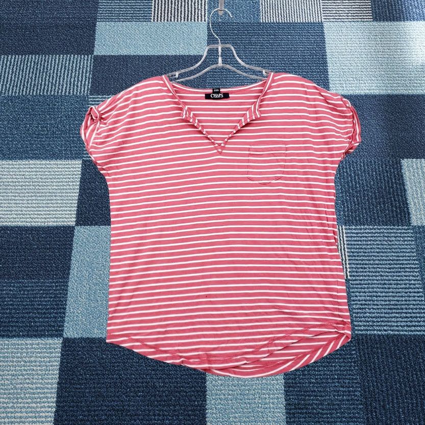 Chaps Chaps T-Shirt Womens PM Petite Red Striped V-Neck Short Sleeves Cotton Blend Size M / US 6-8 / IT 42-44 - 1 Thumbnail