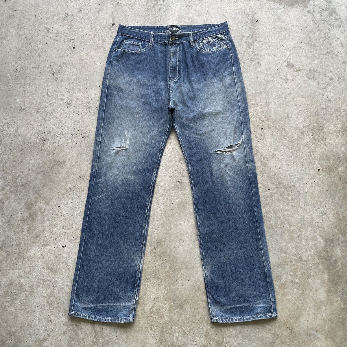 Japanese Brand × Jean × Vintage W38💥 Vintage Code:G Distressed Embroidery Faded Jeans Pants Size US 38 / EU 54 - 2 Thumbnail