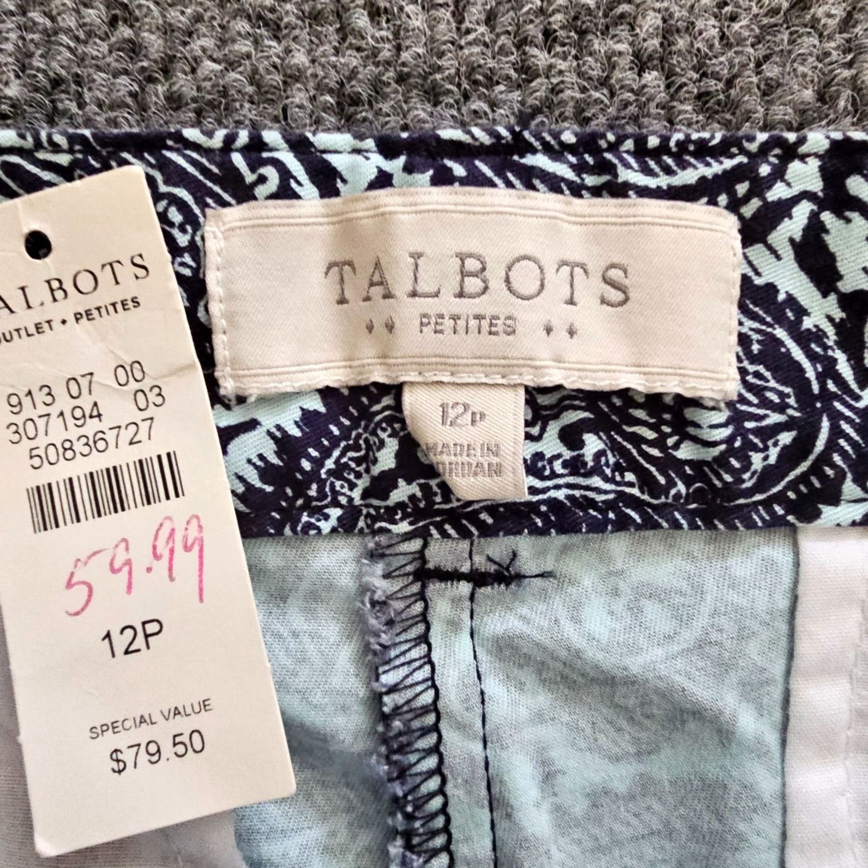 Talbots Talbots Pants Womens 12 Petite Blue Paisley Ankle Stretch Classic Casual Career Size 34" / US 12 / IT 48 - 3 Thumbnail
