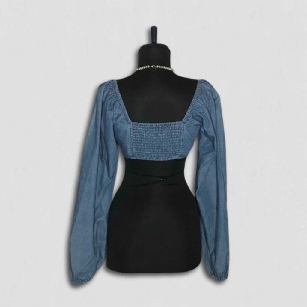 Vintage Cropped Top Front Tie Long Sleeves Chambray Blue sz S Size S / US 4 / IT 40 - 3 Thumbnail