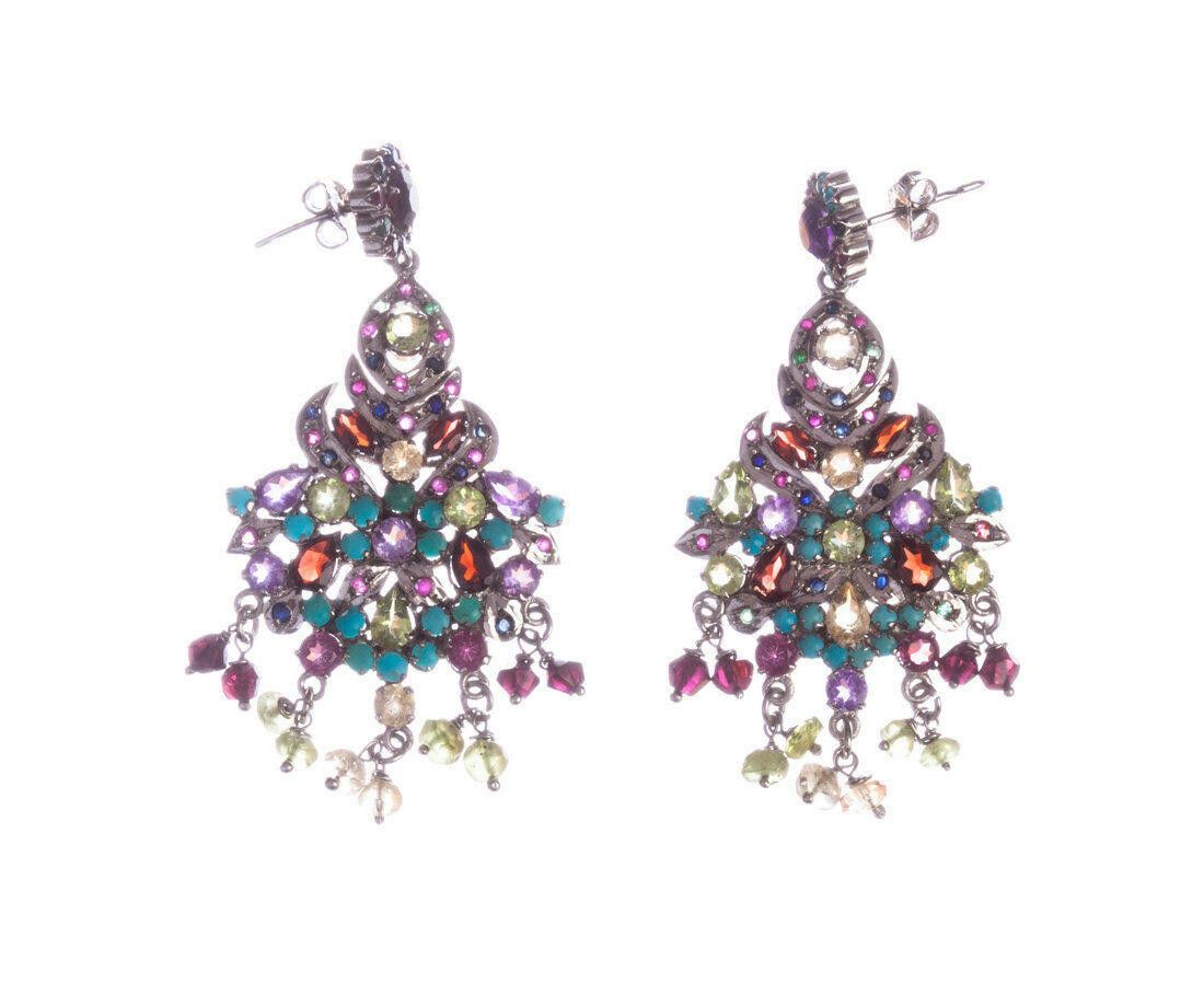Designer Multi Gemstone Sterling Silver Chandelier Earrings Size ONE SIZE - 1 Thumbnail