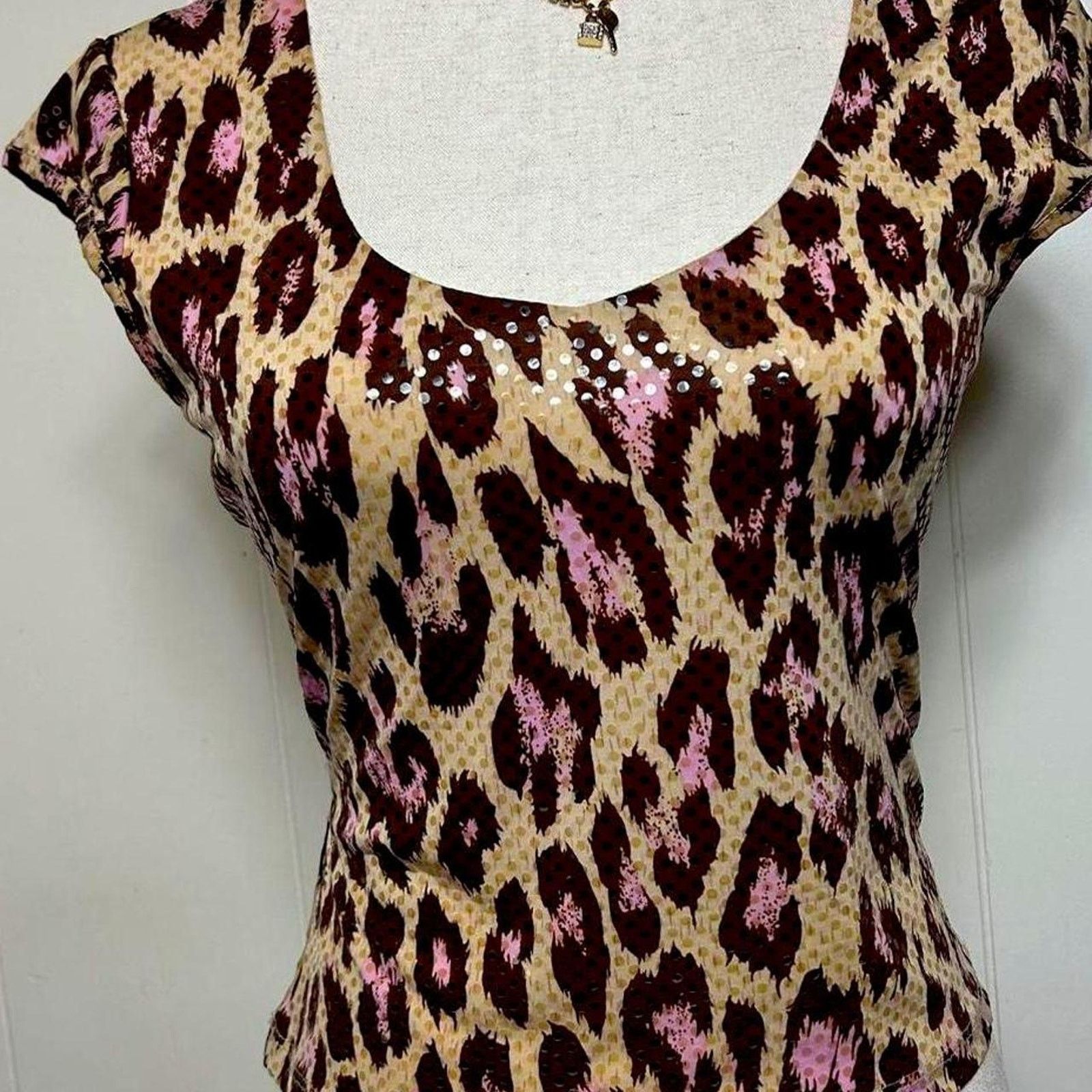 Vintage Y2K Leopard Print Women's S Pink Brown Sequin Sweetheart Top Size S / US 4 / IT 40 - 1 Thumbnail