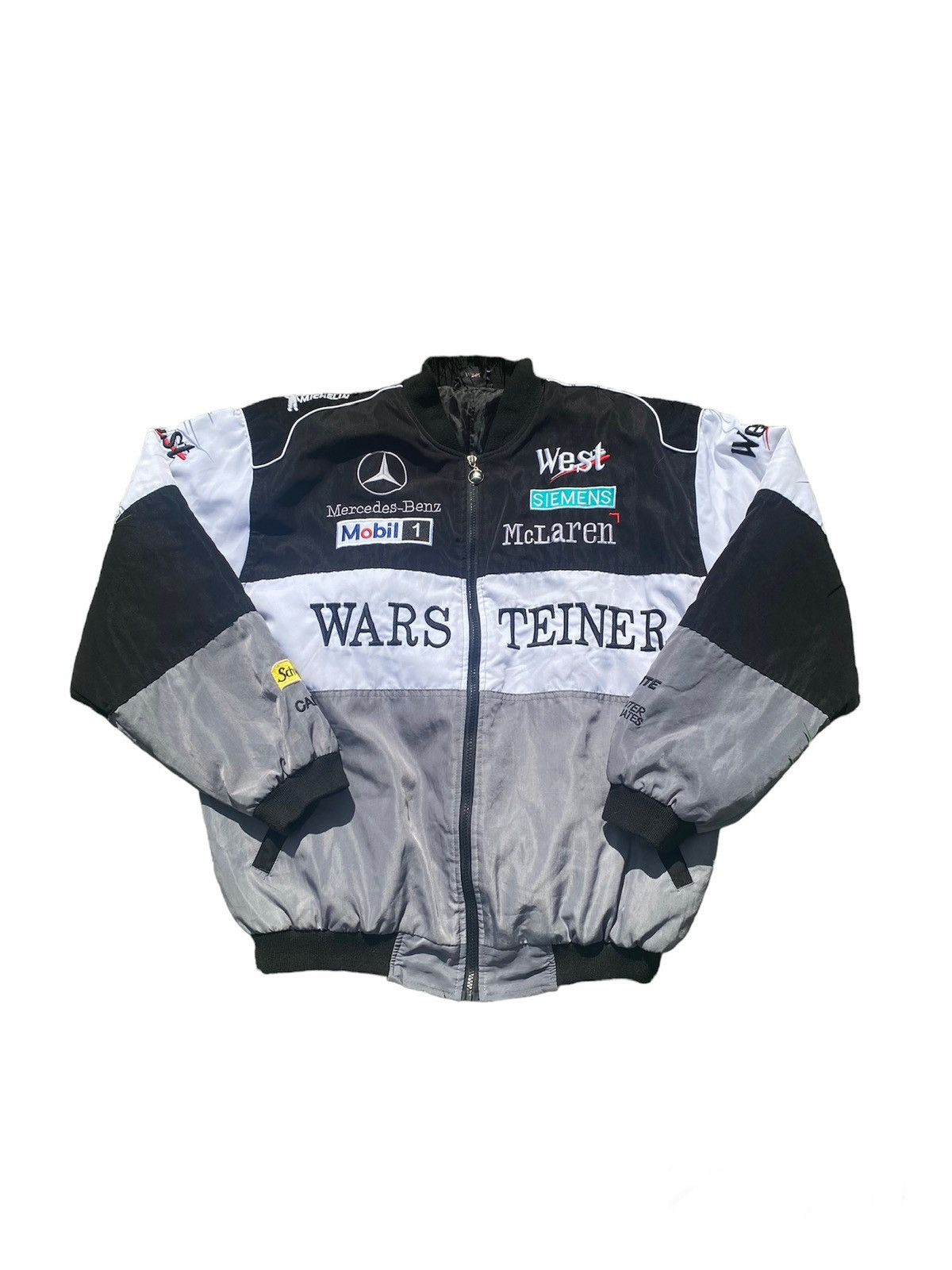 image of Ferrari x Mercedes Benz Vintage Racing Jacket Bomber Mercedes Mclaren Warsteiner in Black (Size XL)