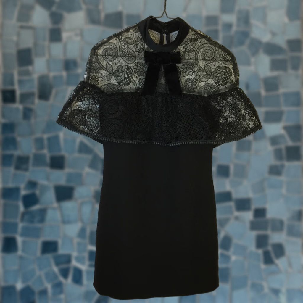 Self-Portrait Dress Black Lace Mini Cape Cocktail Bow Velvet Cap Sleeve  High Neck Size US