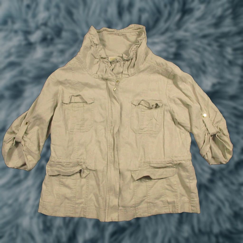 Michael Kors Michael Kors Linen Jacket Womens 14 Casual 3/4 Sleeve Ruffle Neck Khaki White Solid Knit Mid-Length Jacket Women Size 14 Mens? Size XL / US 12-14 / IT 48-50 - 1 Thumbnail