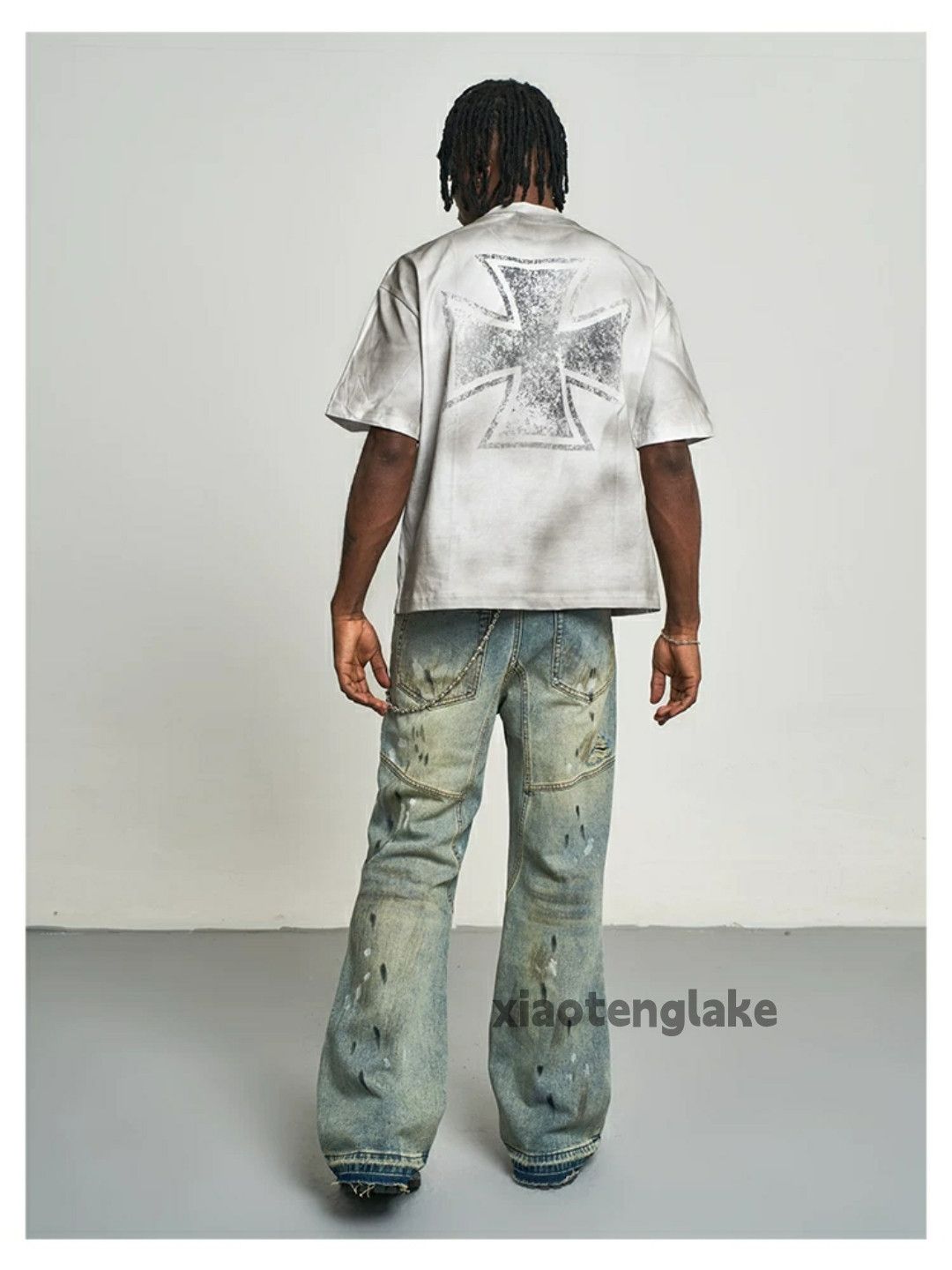 washed faded rusty stain damaged flared grunge jeans