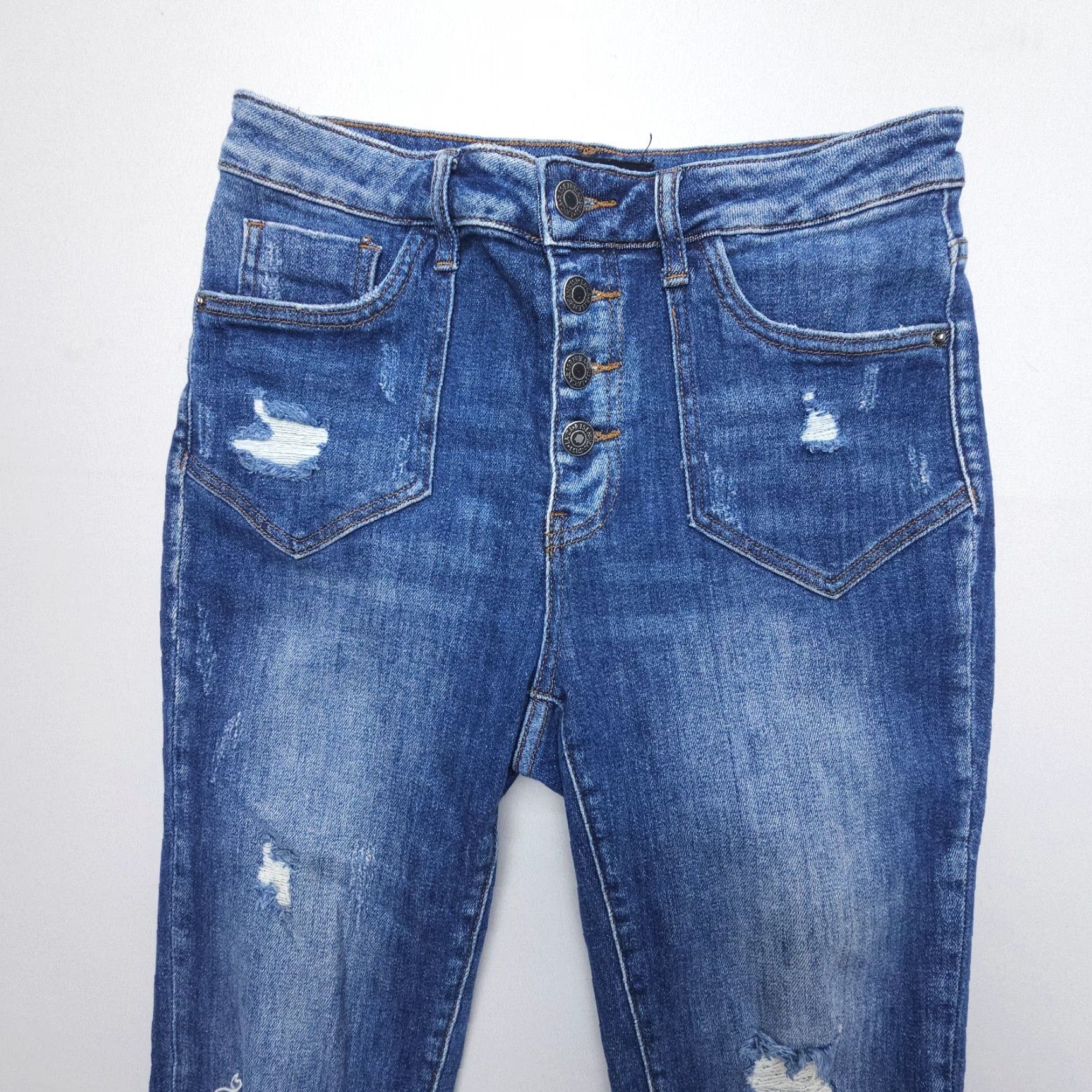 Vintage Risen Jeans Womens 28 High Rise Button Fly Distressed Straight Dark Wash Denim Blue 5-Pocket Stretch Size 28" / US 6 / IT 42 - 3 Thumbnail