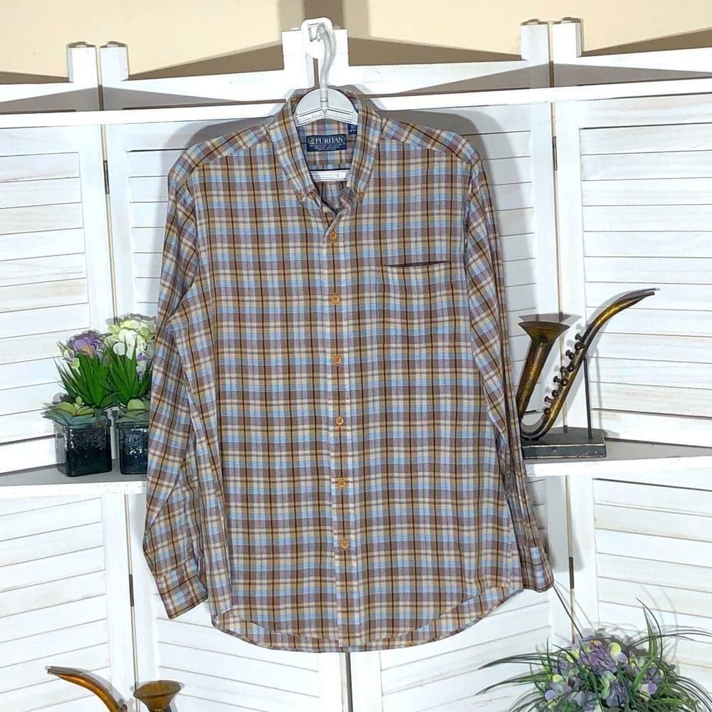 Vintage blue tan brown plaid lightweight cotton long sleeves shirt M Size US M / EU 48-50 / 2 - 1 Thumbnail
