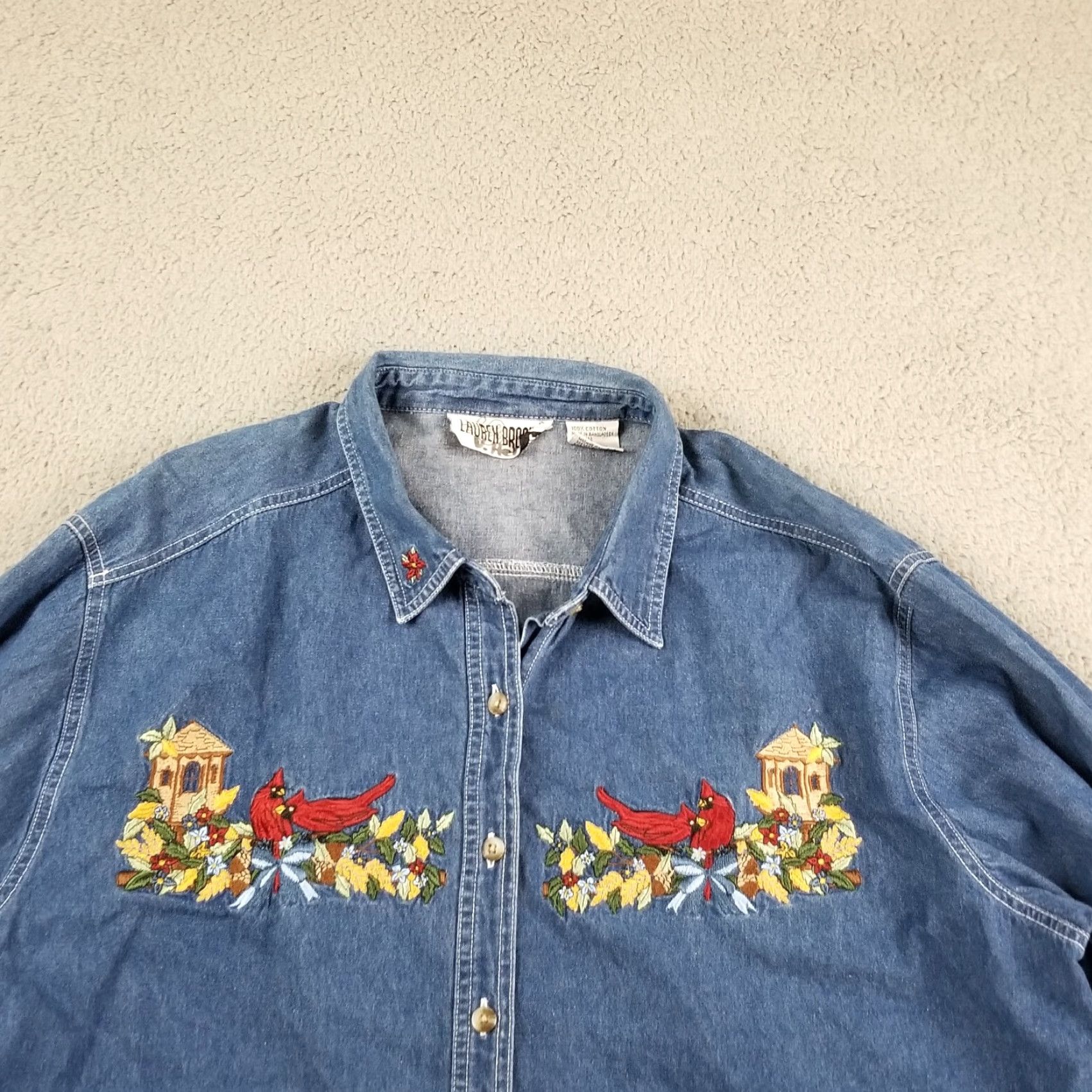 Vintage VINTAGE Lauren Brooke Denim Top Shirt Women XL Blue Embroidered Birds 90s Style Button-Up Blouse Ladies XL Size XL / US 12-14 / IT 48-50 - 2 Thumbnail