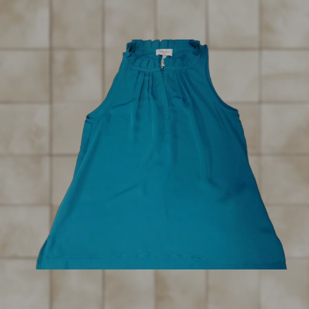 Laundry by Shelli Segal Laundry By Shelli Segal Womens Blouse M Blue Crew Neck Pullover Silk Polyester Sleeveless Short Ruffle Casual 90s? Size M / US 6-8 / IT 42-44 - 1 Thumbnail
