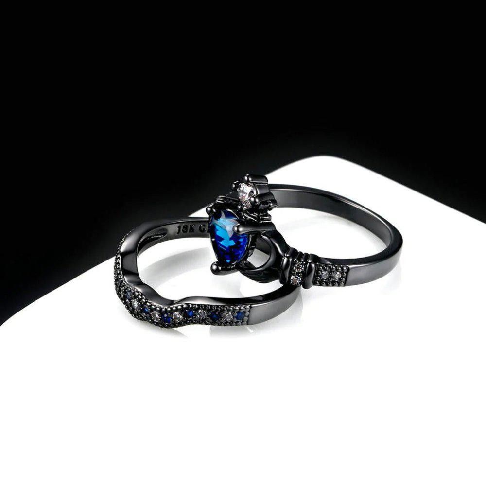 Designer 2pcs Wrapping Hands Blue Heart Black Crown Ring Set - Size 7 Size ONE SIZE - 5 Thumbnail