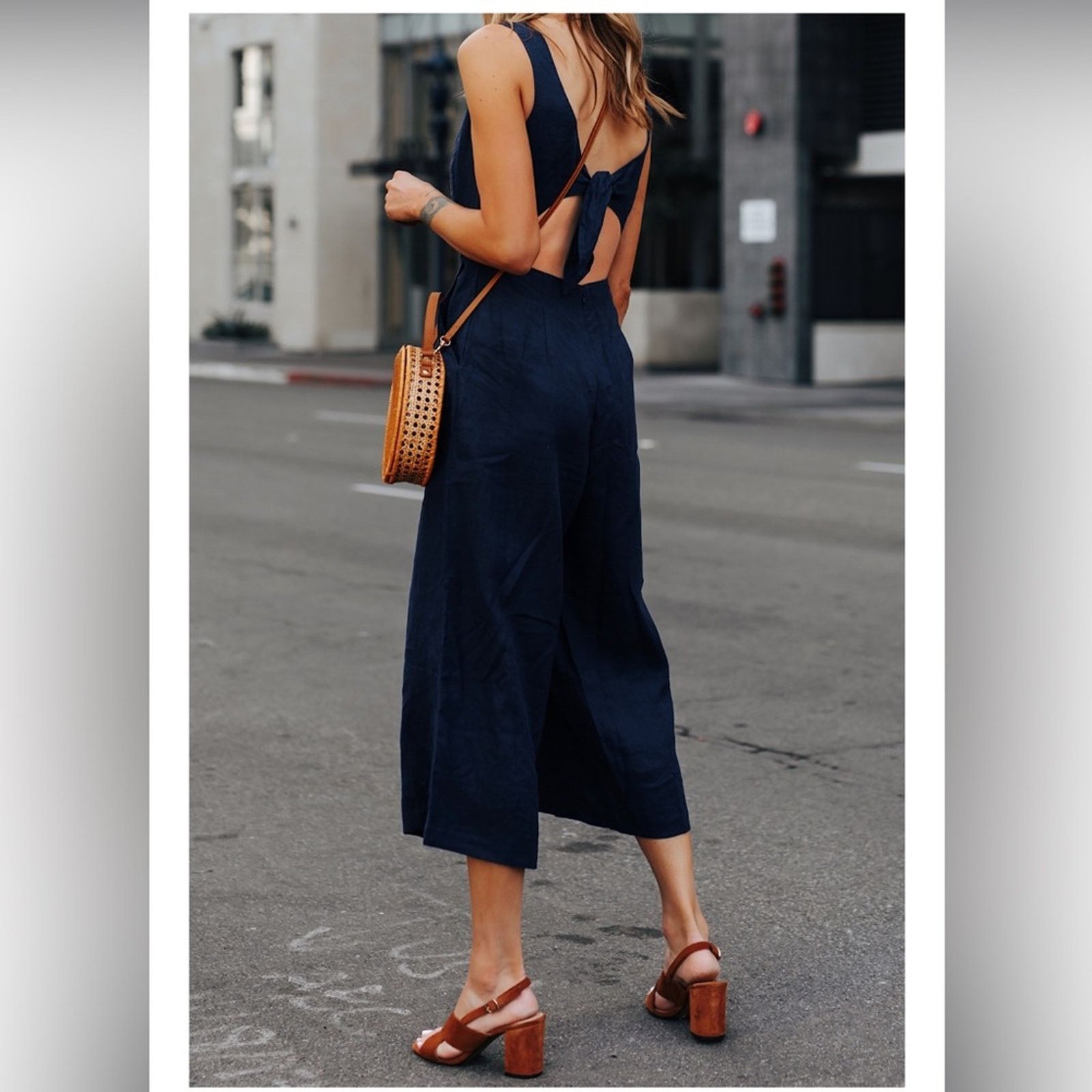Other PURE NAVY Cropped Tie-Back Linen Jumpsuit Blue L Size 34" / US 12 / IT 48 - 3 Thumbnail