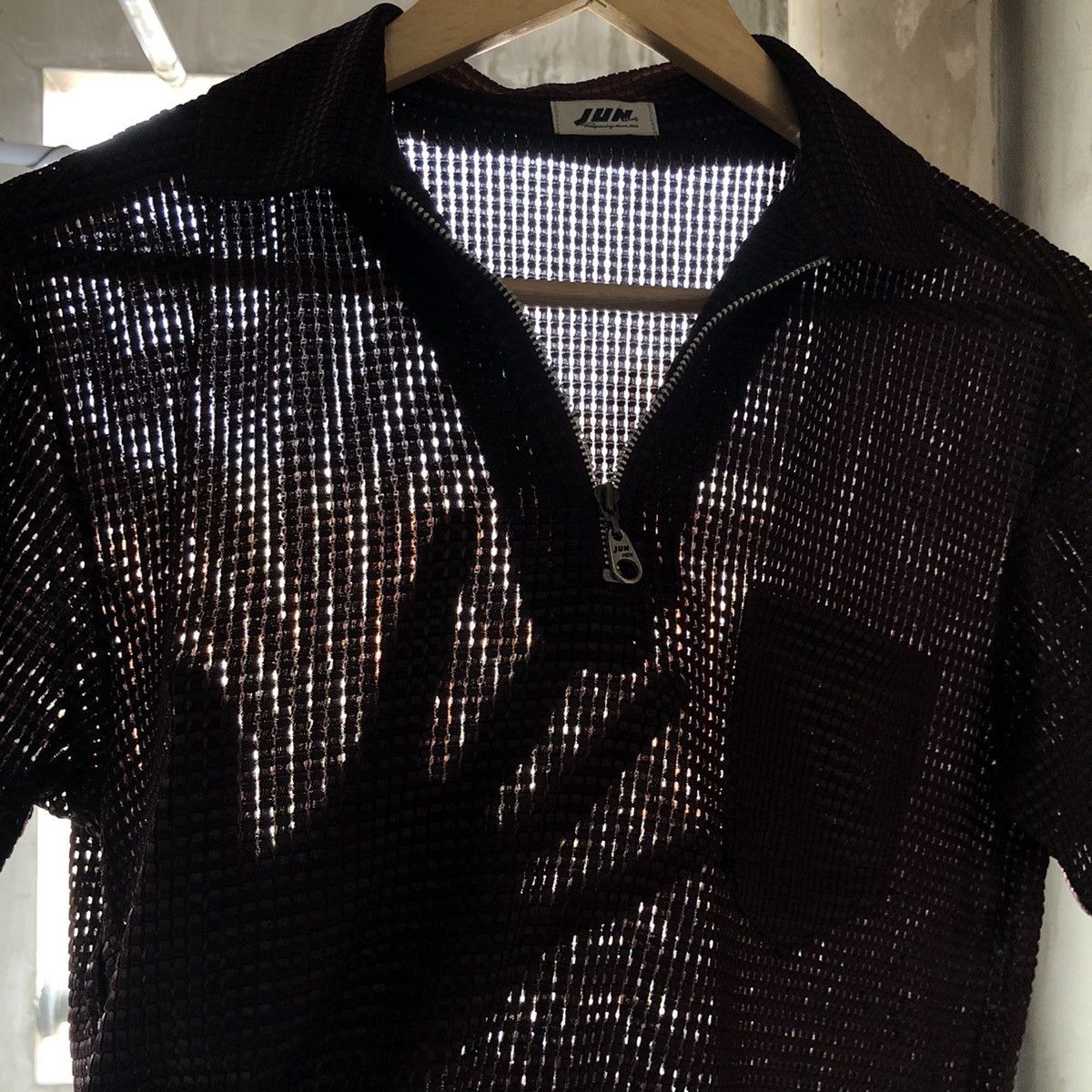 Japanese Brand Vintage 80s Jun Men Woven Transparent Mesh Half Zip Shirt Size US M / EU 48-50 / 2 - 3 Thumbnail