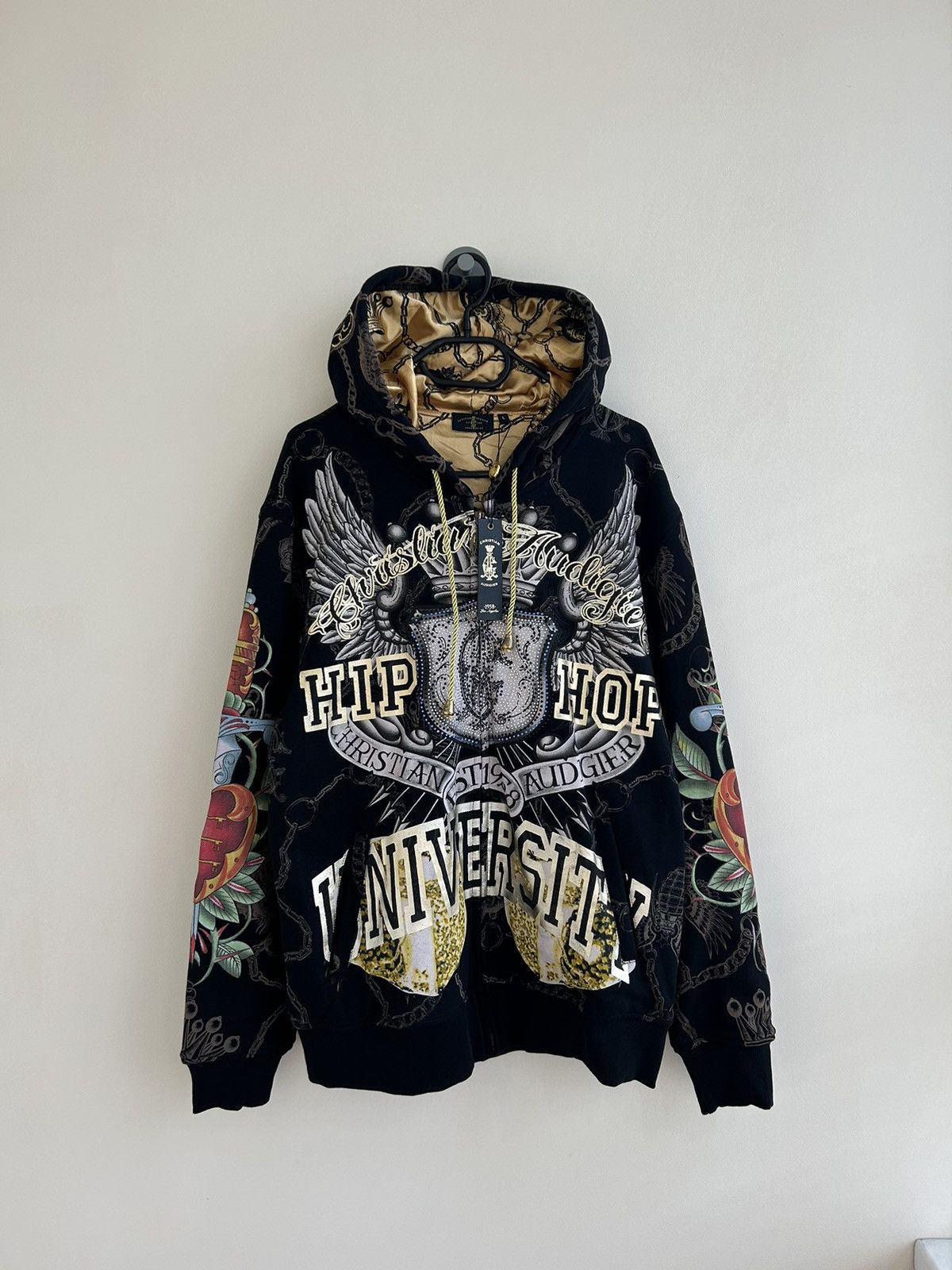 Pre-owned Christian Audigier X Ed Hardy Vintage Christian Audigier Hoodie All Over Printed Tattoo In Black