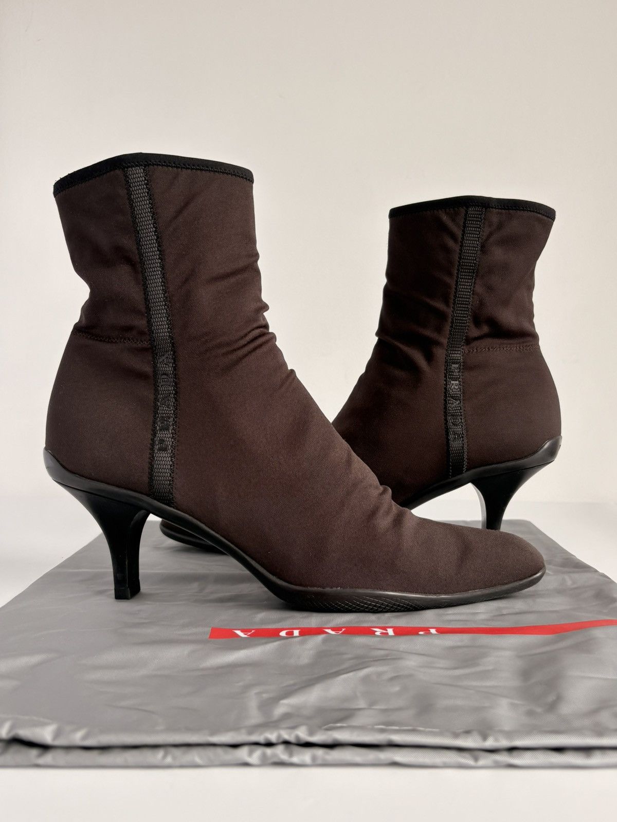 Prada Brown Nylon Sock Ankle Boots Y2K Kitten Pointed Toe