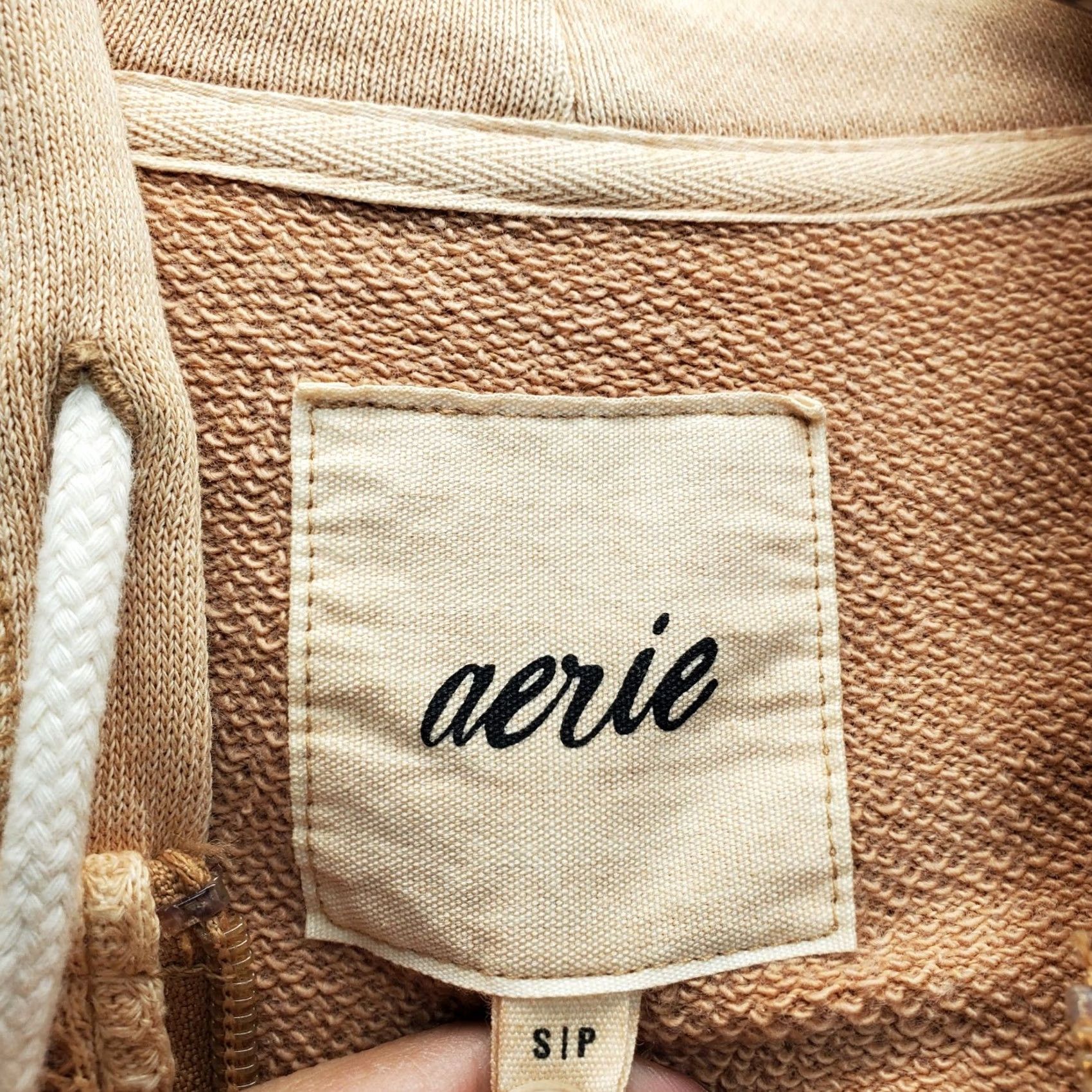 Vintage Aerie Womens Small Tan Cropped Hoodie Full Zip Hooded Waffle Knit Thermal Long Sleeve Size S / US 4 / IT 40 - 7 Thumbnail