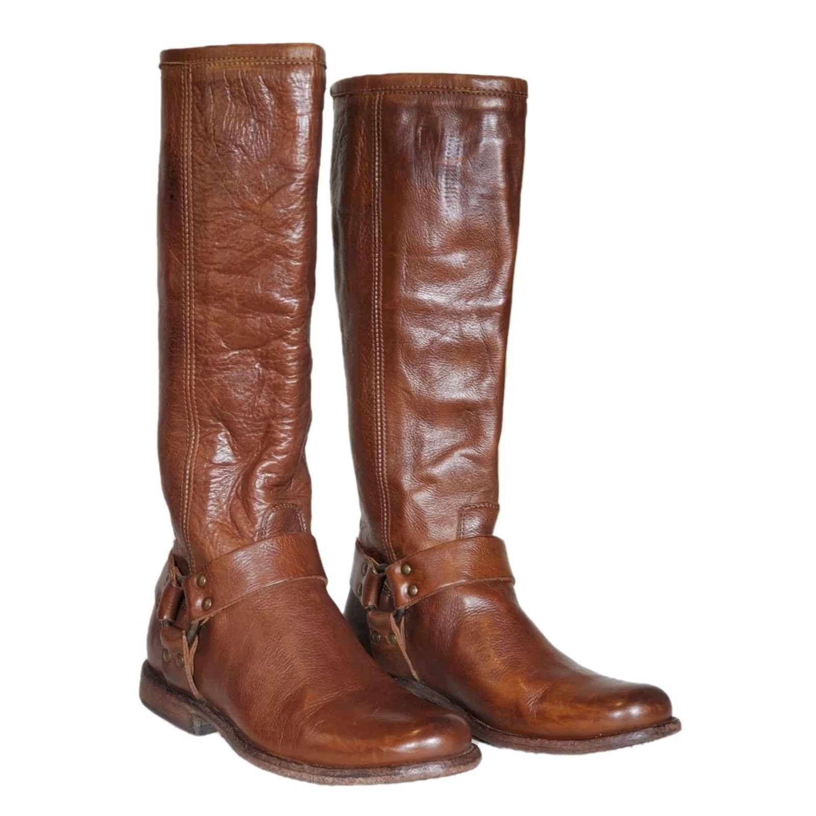 Frye Frye Phillip Harness Tall Riding Boots Brown Leather 76850 Zip Women US 6 B Knee High Leather Lining Boots, Zip, Harness, Brown, Women, 6, B Size US 6 / IT 36 - 2 Thumbnail