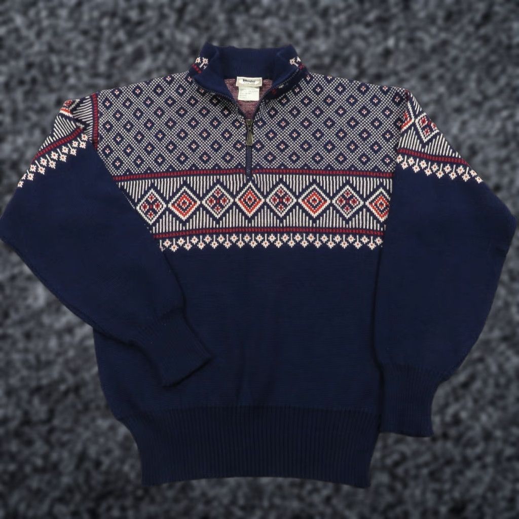Vintage VINTAGE Meister Sweater Mens Medium 1/4 Zip Fair Isle Wool Birdseye Knit Blue 90s Mock Neck Pullover Size US M / EU 48-50 / 2 - 1 Thumbnail