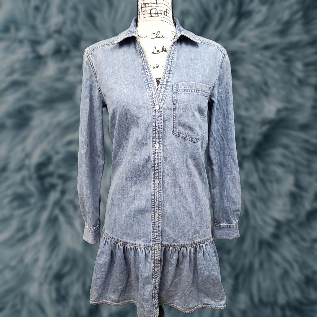 Veronica Beard Veronica Beard Women Dress Shirt Denim Parkton Blue Short Peplum Hem Long Sleeve Roll Tab Neck Collared Pocketed 0 Size 0 Size 25" / US 0 / IT 36 - 1 Thumbnail