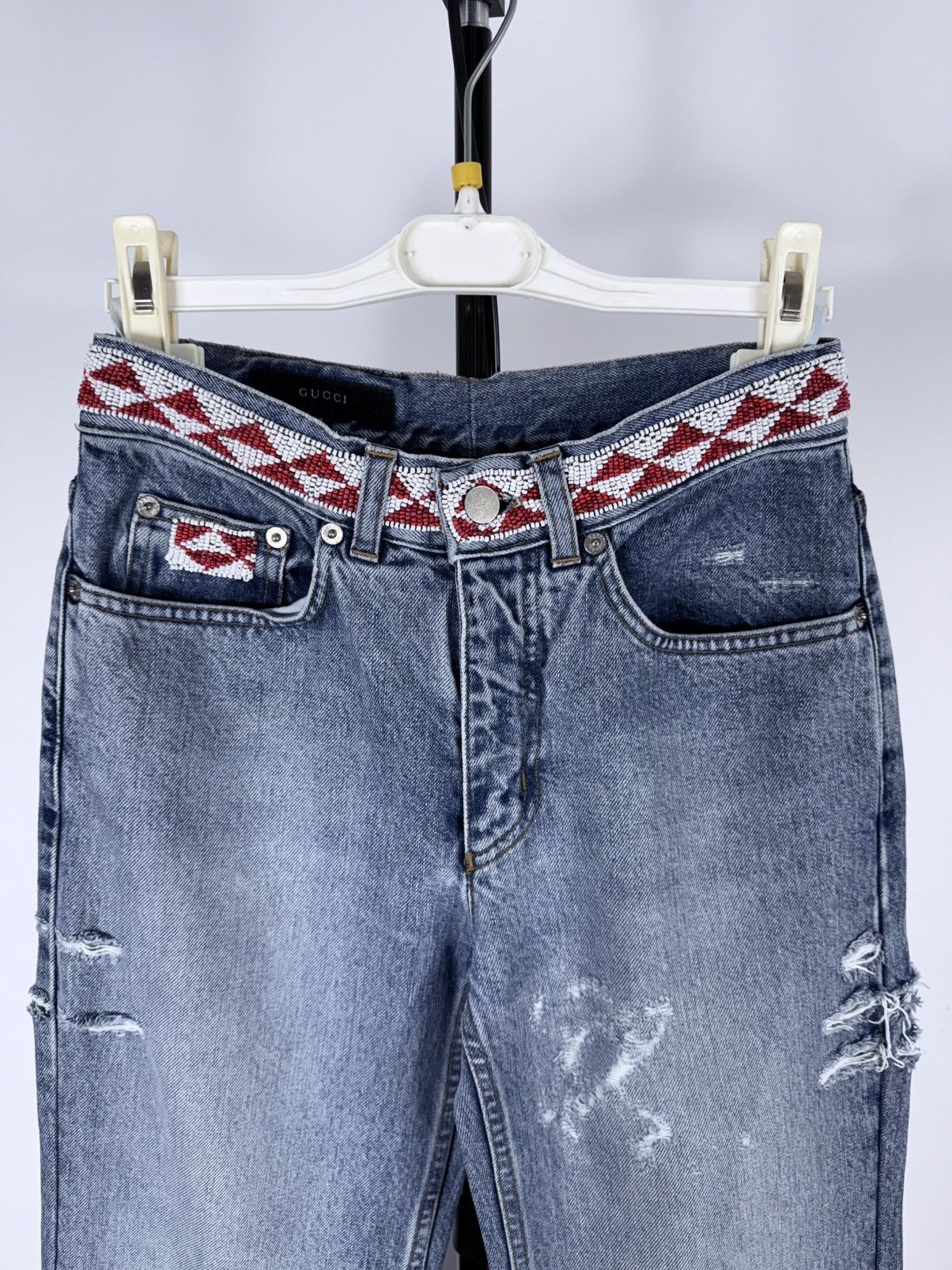 Gucci S/S 1999 Distressed Aztec Beaded Denim Jeans Size US 28 / EU 44 - 2 Thumbnail