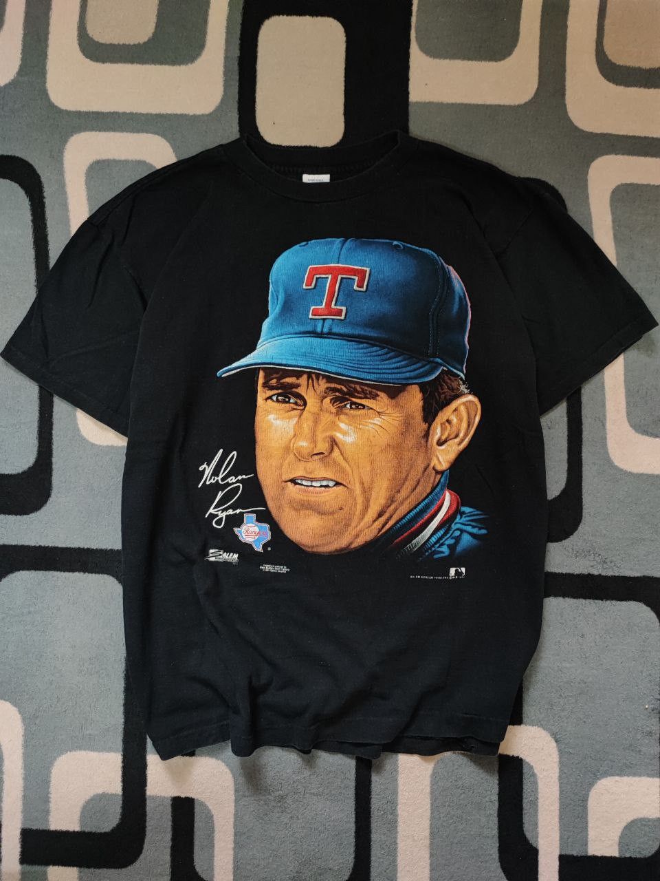 image of Very Rare Vintage 90's Mlb Texas Rangers Nolan Ryan Tshirt in Black, Men's (Size XL)