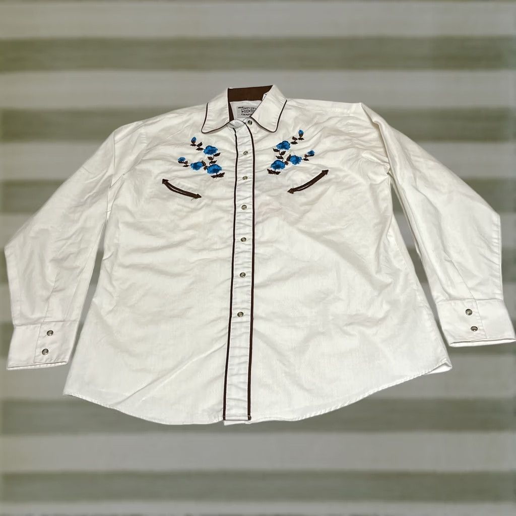 Vintage Ely Shirt Women's L White Flower Western Button-Up Pockets Rose Cowboy Embroidered Snap Tie Dye? Size L / US 10 / IT 46 - 1 Thumbnail