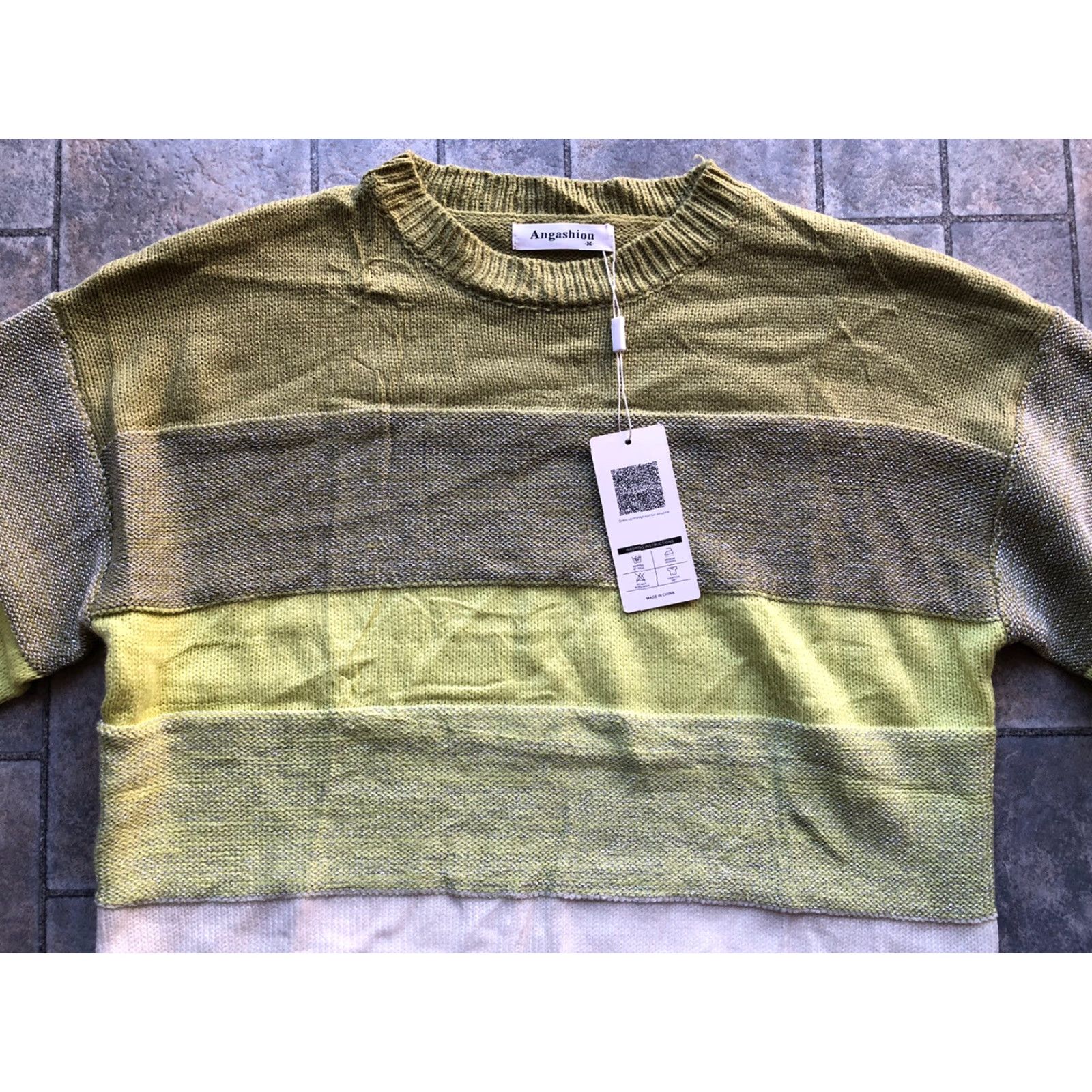 Vintage Angashion Sweater Womens Medium Green White Striped Pullover 100% Acrylic NWT Size M / US 6-8 / IT 42-44 - 6 Thumbnail